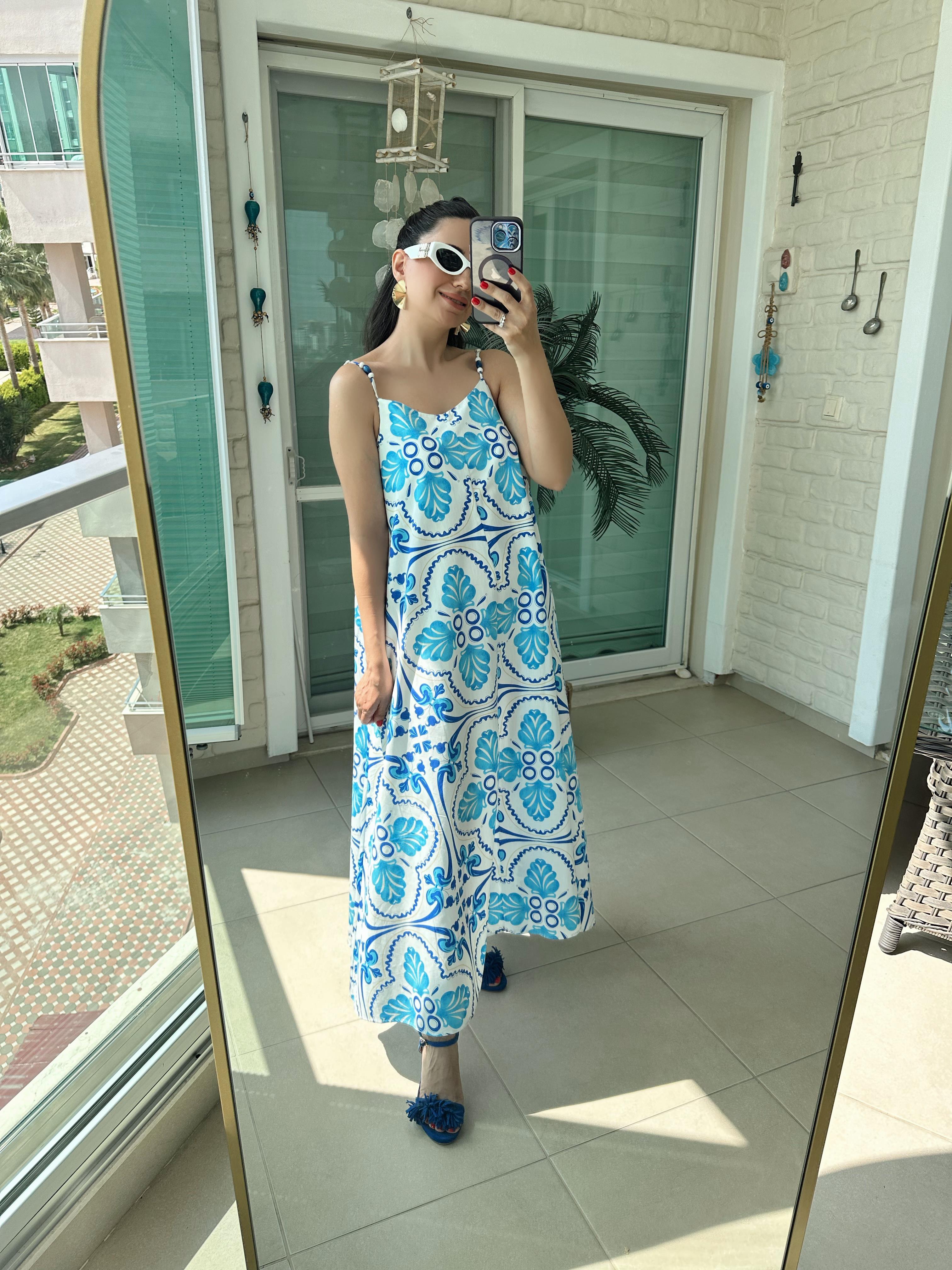 Mavi Desenli Poplin Elbise