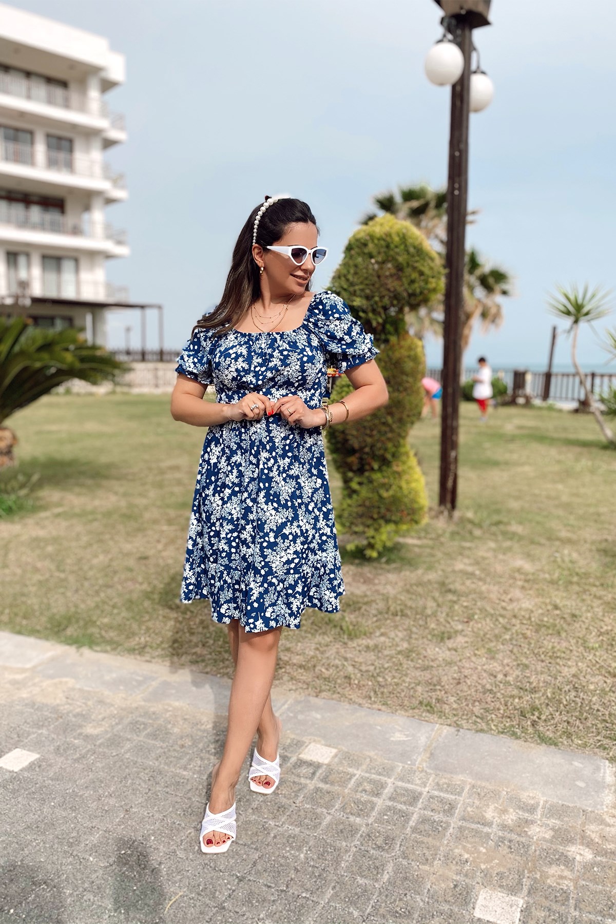 Mavi Desenli Viskon Elbise