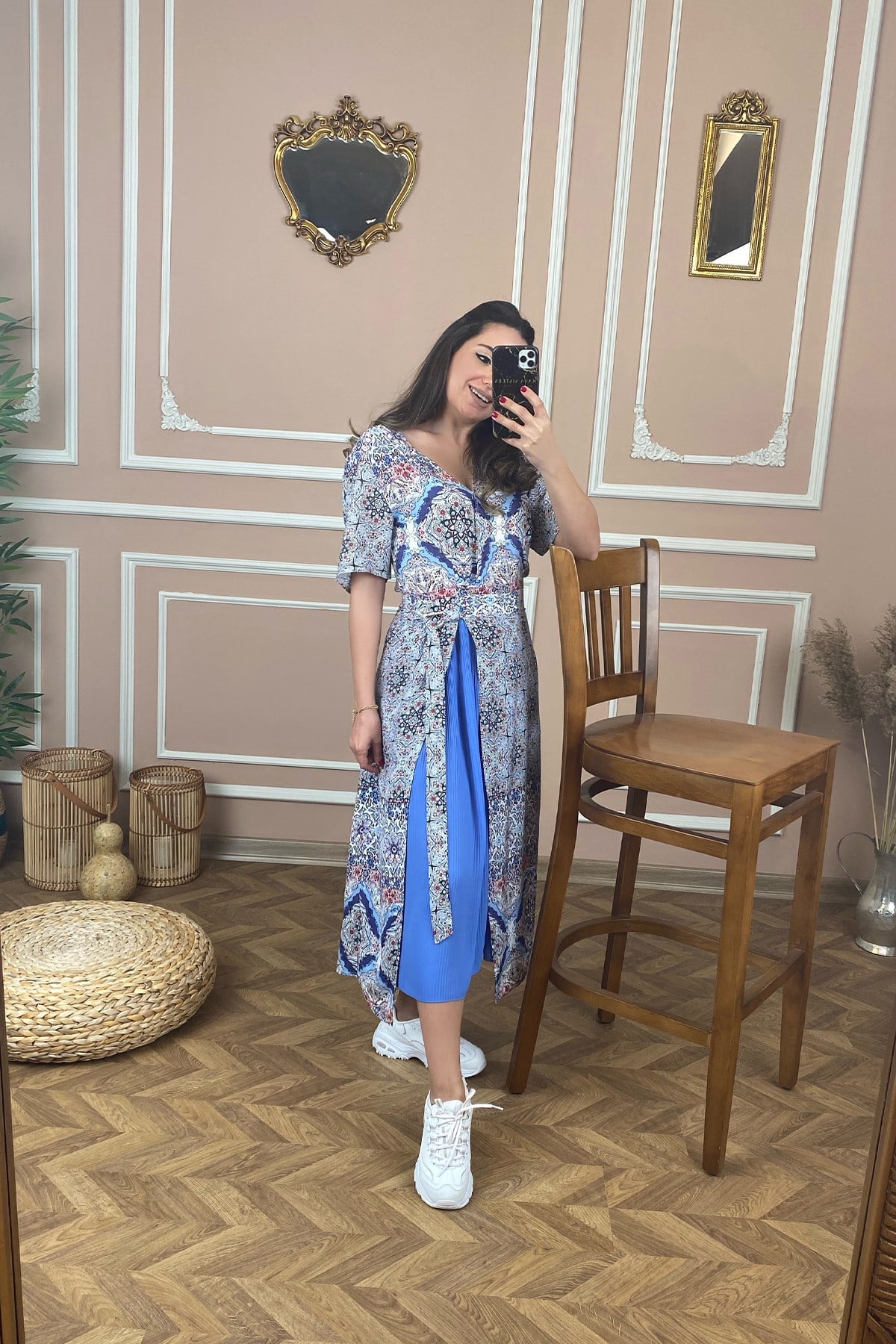 Mavi Desenli Yarım Kol Elbise