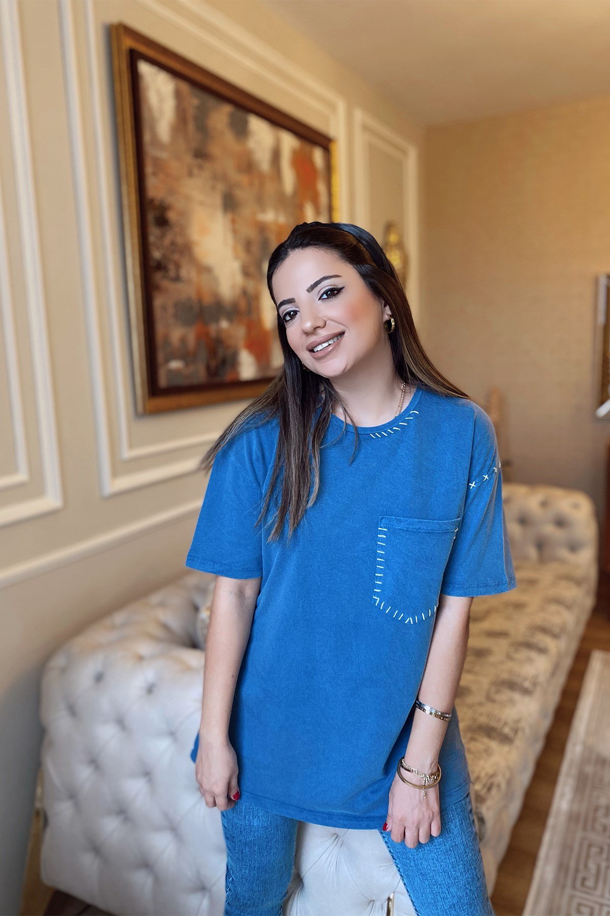 Mavi Dikiş Detaylı Yıkamalı Tshirt