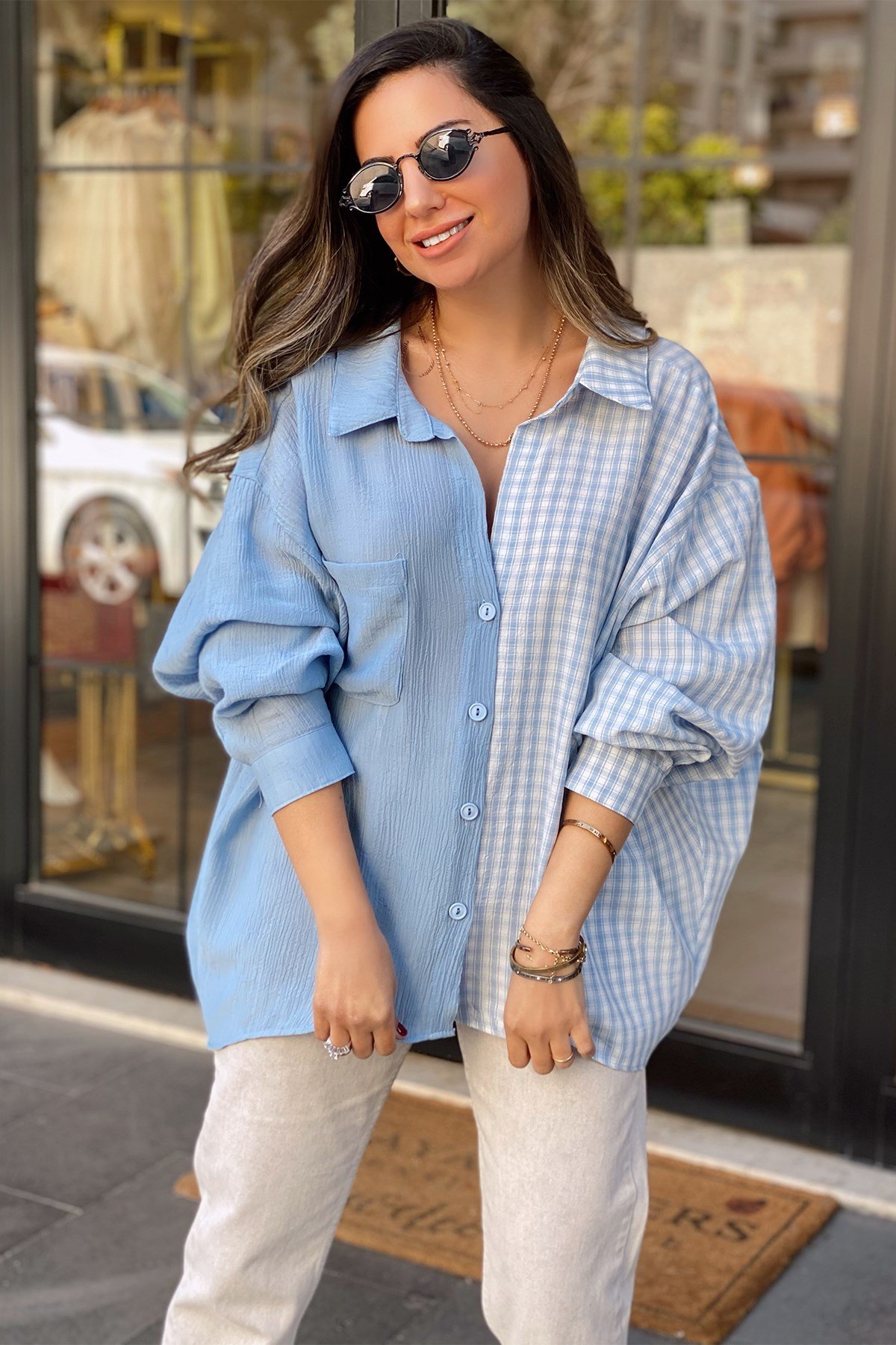 Mavi Ekose Detaylı Oversize Gömlek