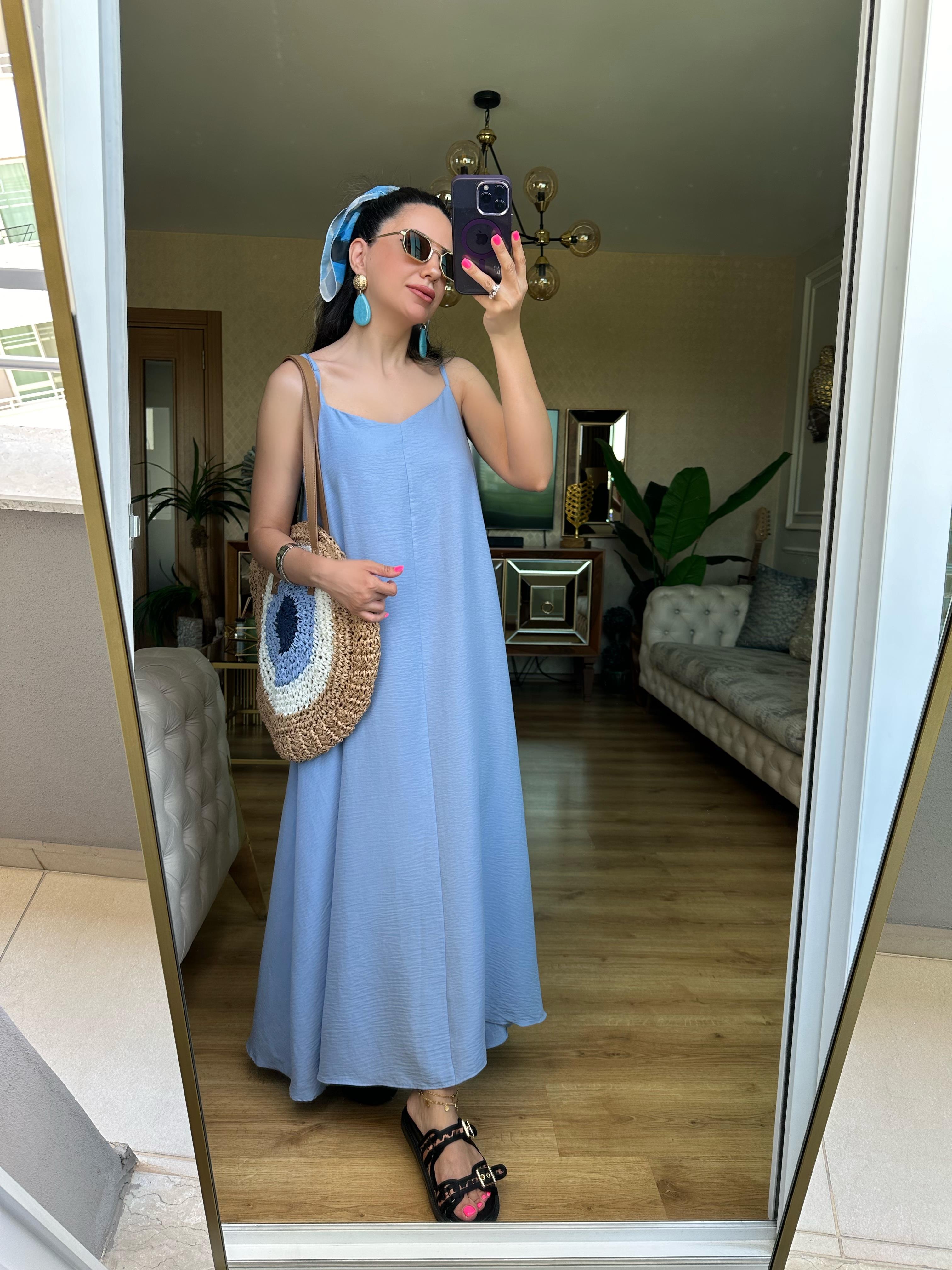 Mavi İp Askılı Elbise