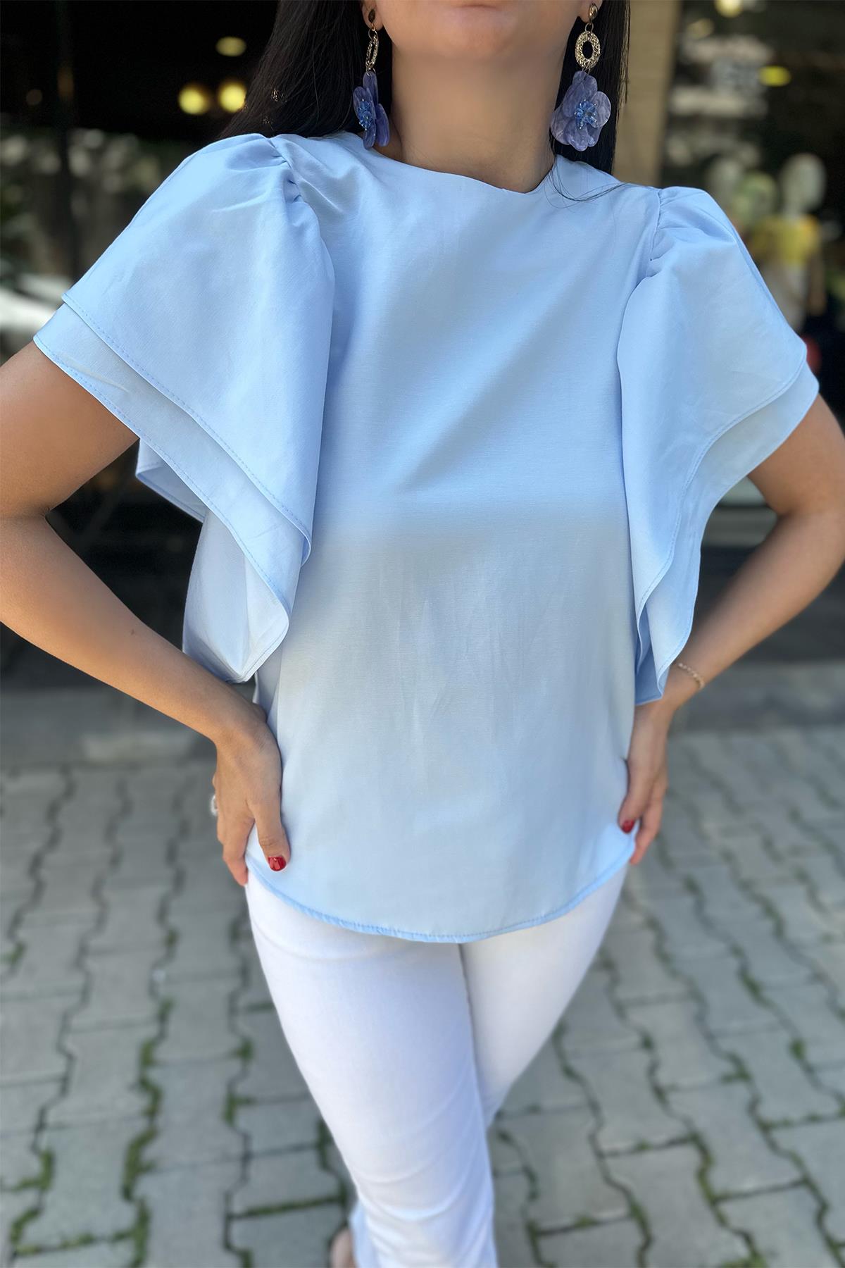 Mavi Kolları Volanlı Poplin Bluz