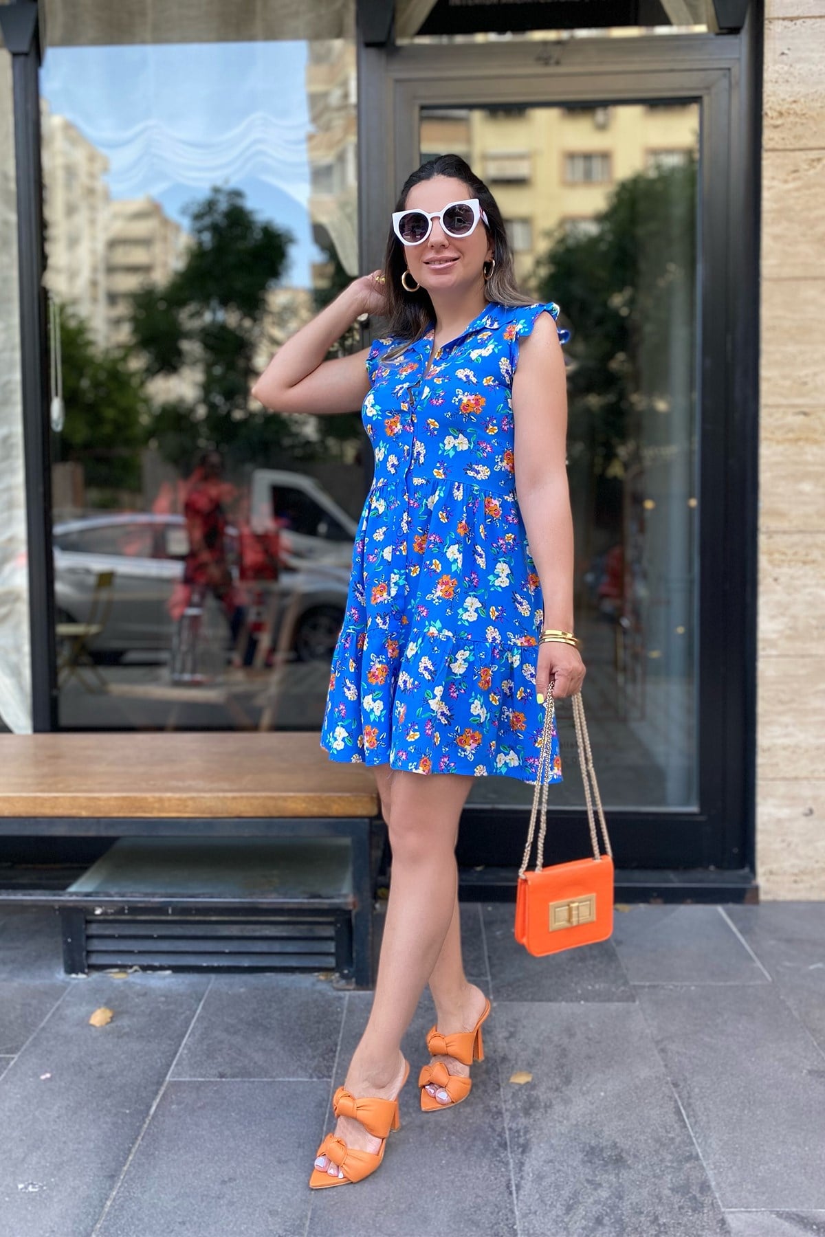 Mavi Kolu Fırfırlı Çiçekli Mini Elbise