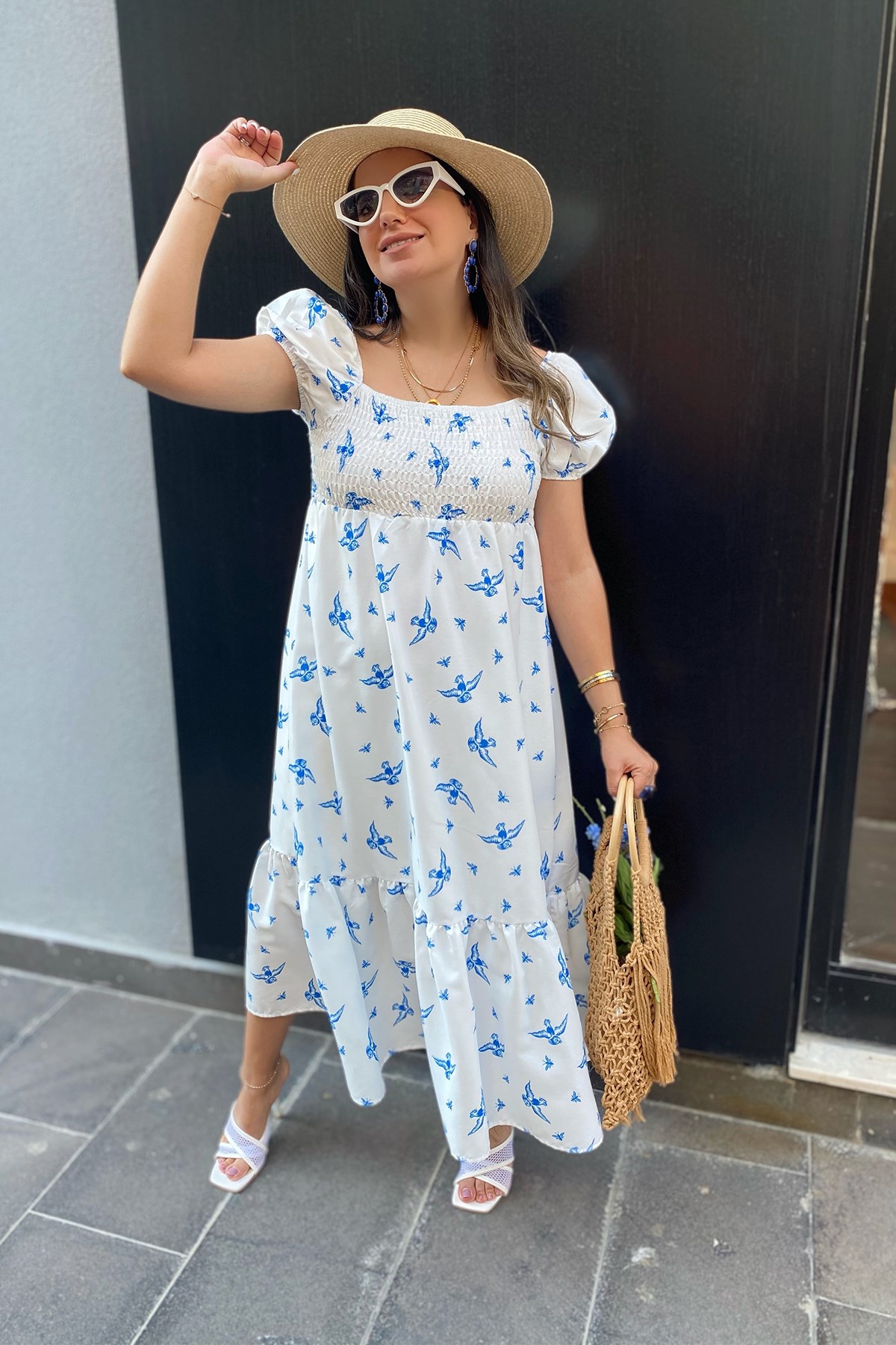 Mavi Kuş Desenli Kare Yaka Elbise