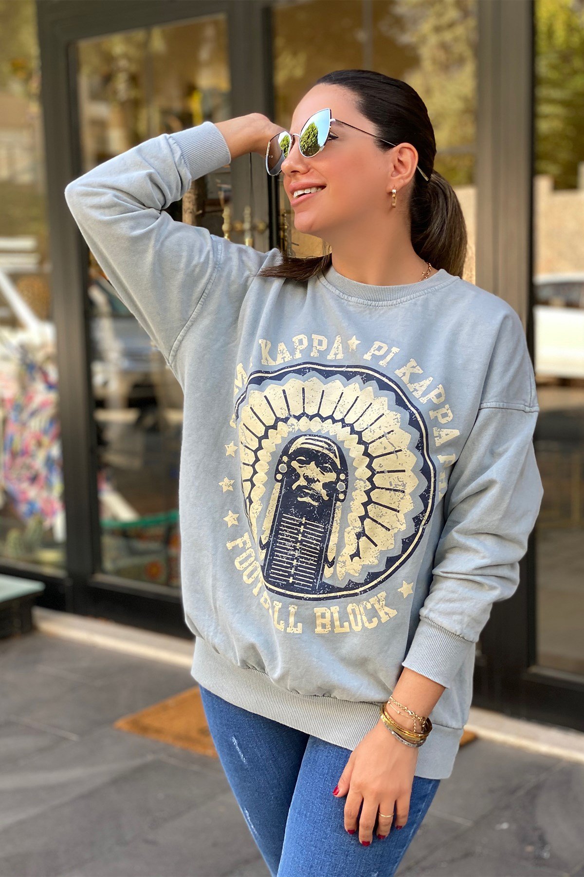 Mavi Önü Baskılı Sweatshirt