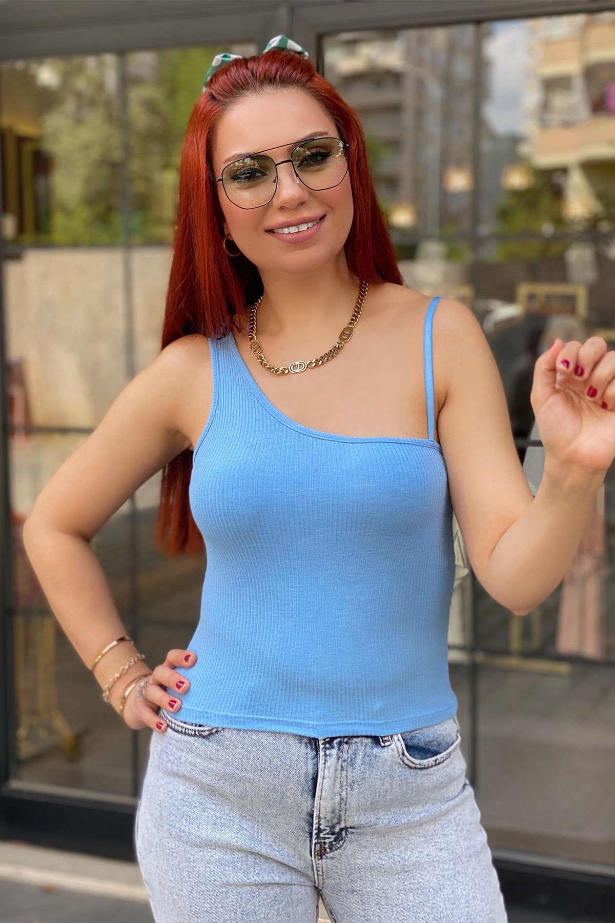 Mavi Tek Omuzu İpli Fitilli Bluz