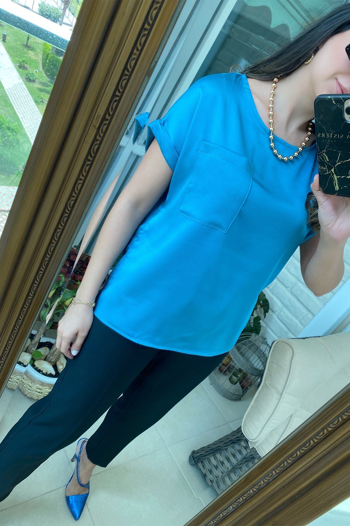 Mavi Yarım Kollu Saten Bluz 