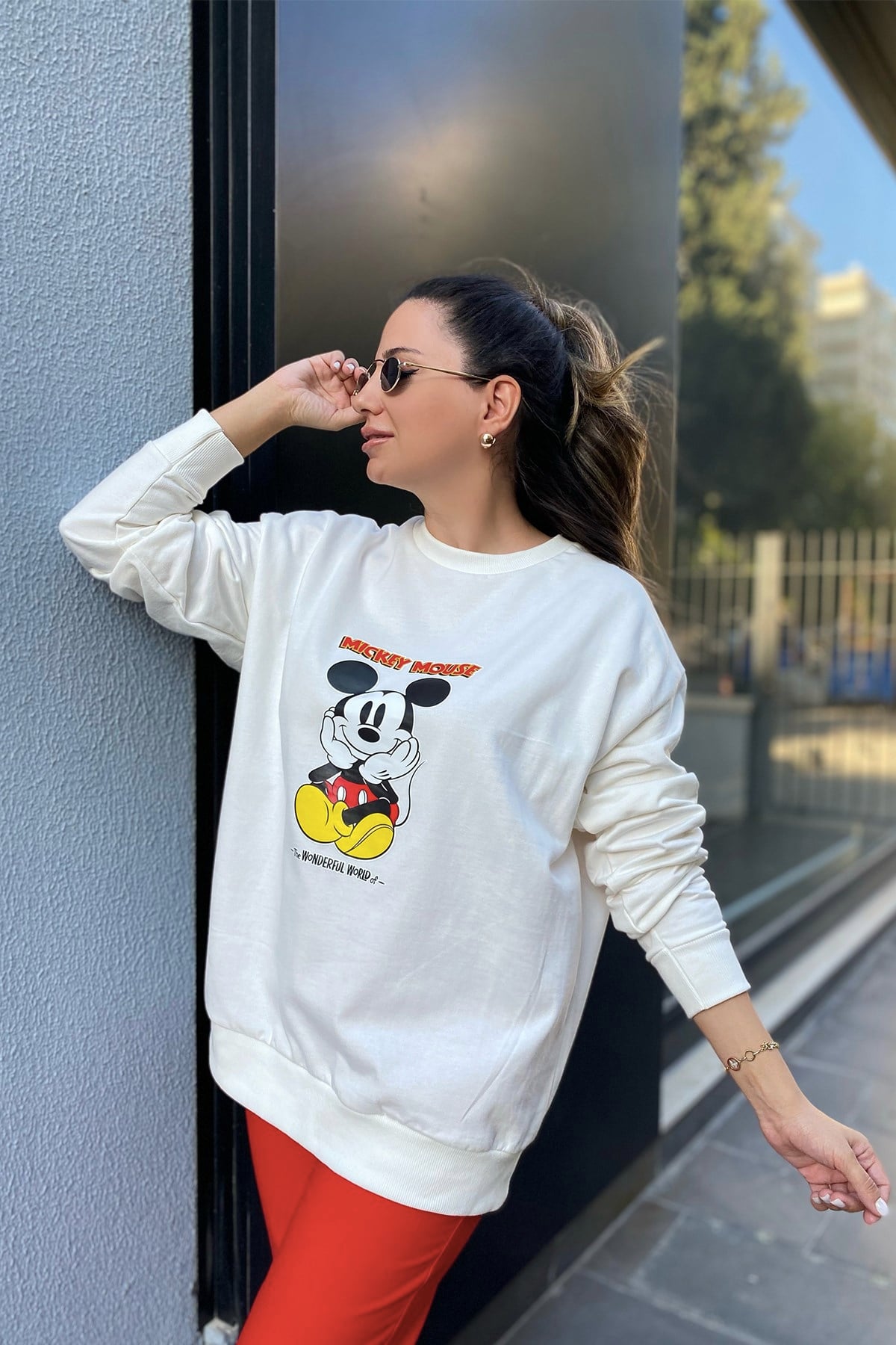 Mickey Mouse Baskılı Beyaz Sweatshirt