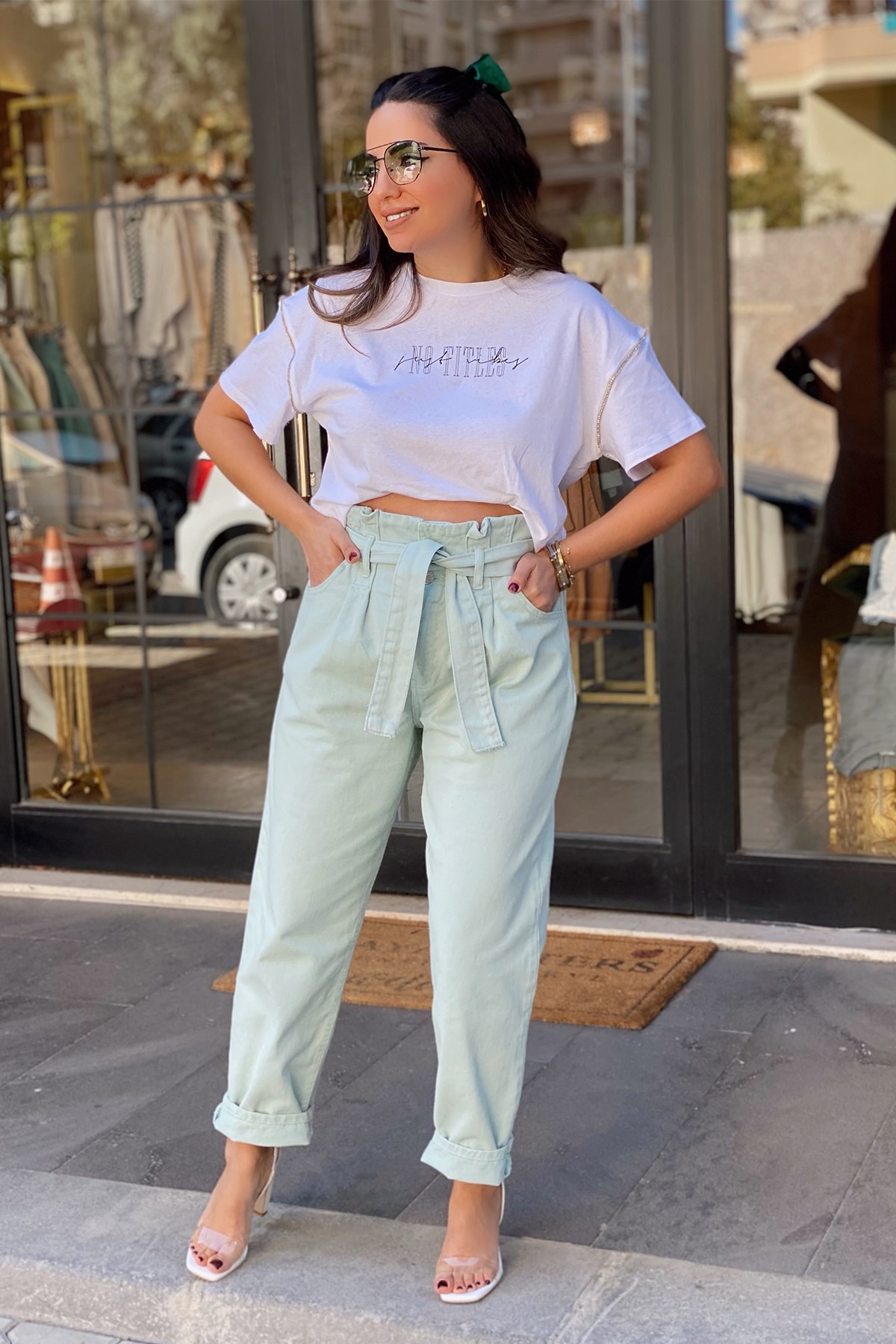 Mint Yeşil  Kuşaklı Pantolon