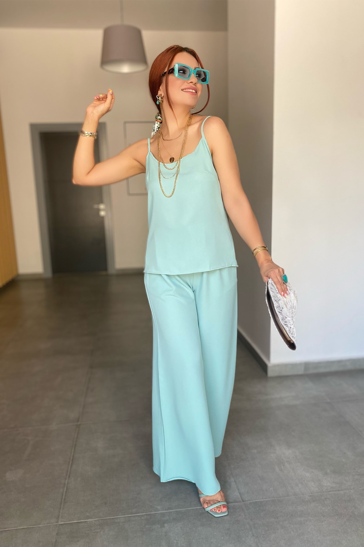 Mint Yeşil İp Askılı Pantolon Takım