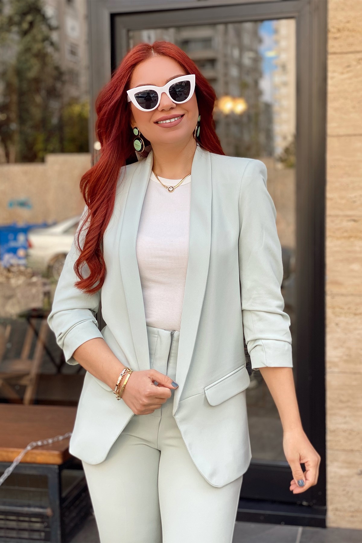 Mint Yeşil Kolu Katlamalı Blazer Ceket