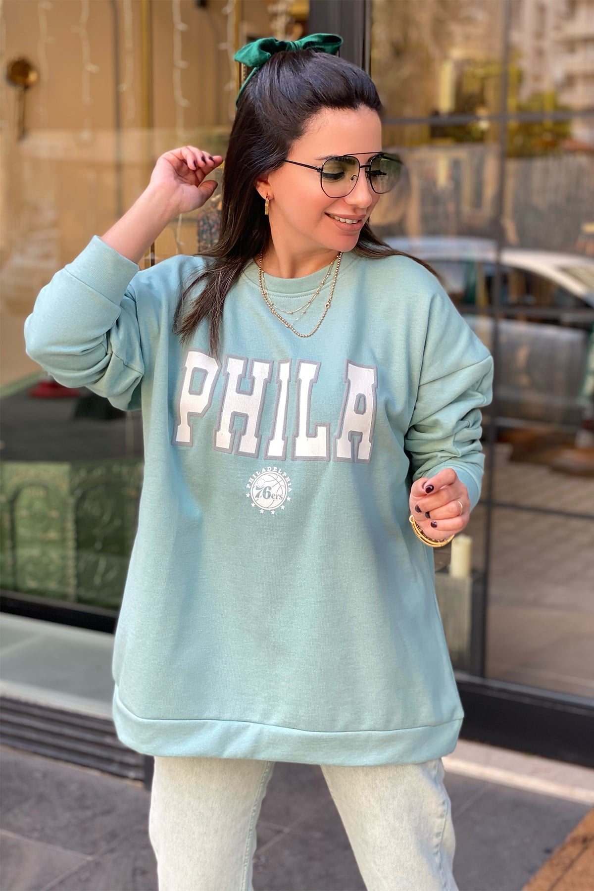 Mint Yeşil Phila Baskılı Sweatshirt