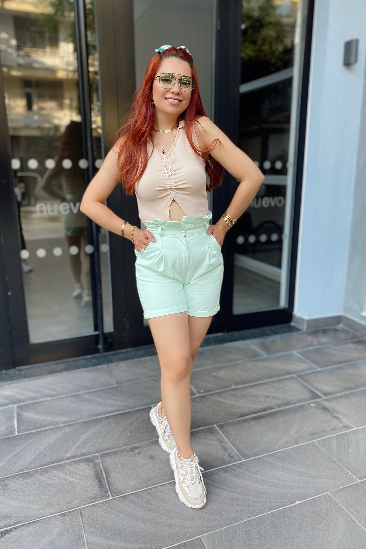 Mint Yeşil Yüksek Bel Gabardin  Şort