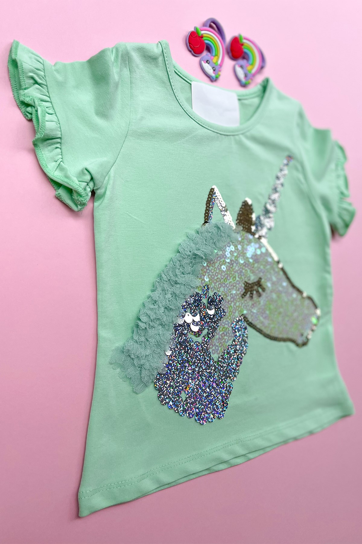 Mint Yeşili Unıcorn İşlemeli Pullu Tshirt
