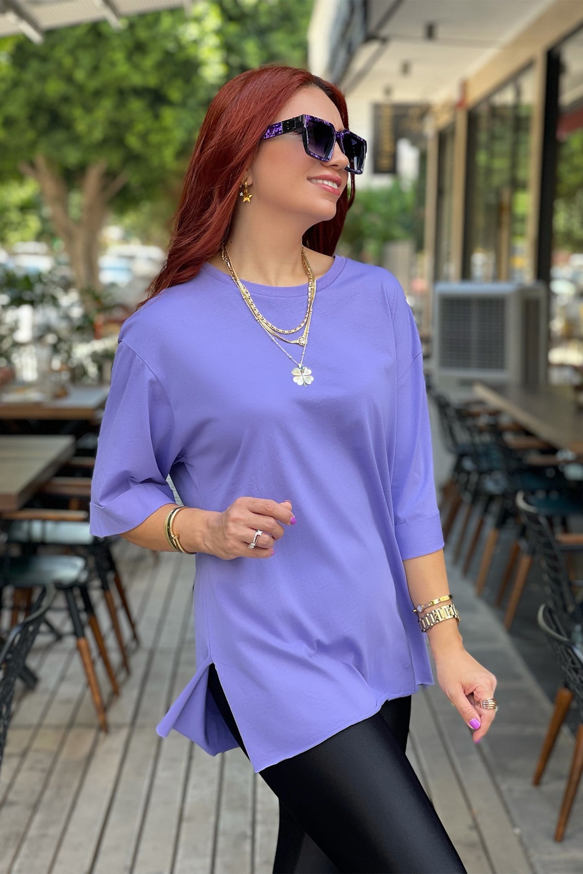 Mor Basic Uzun Boyfriend Tshirt