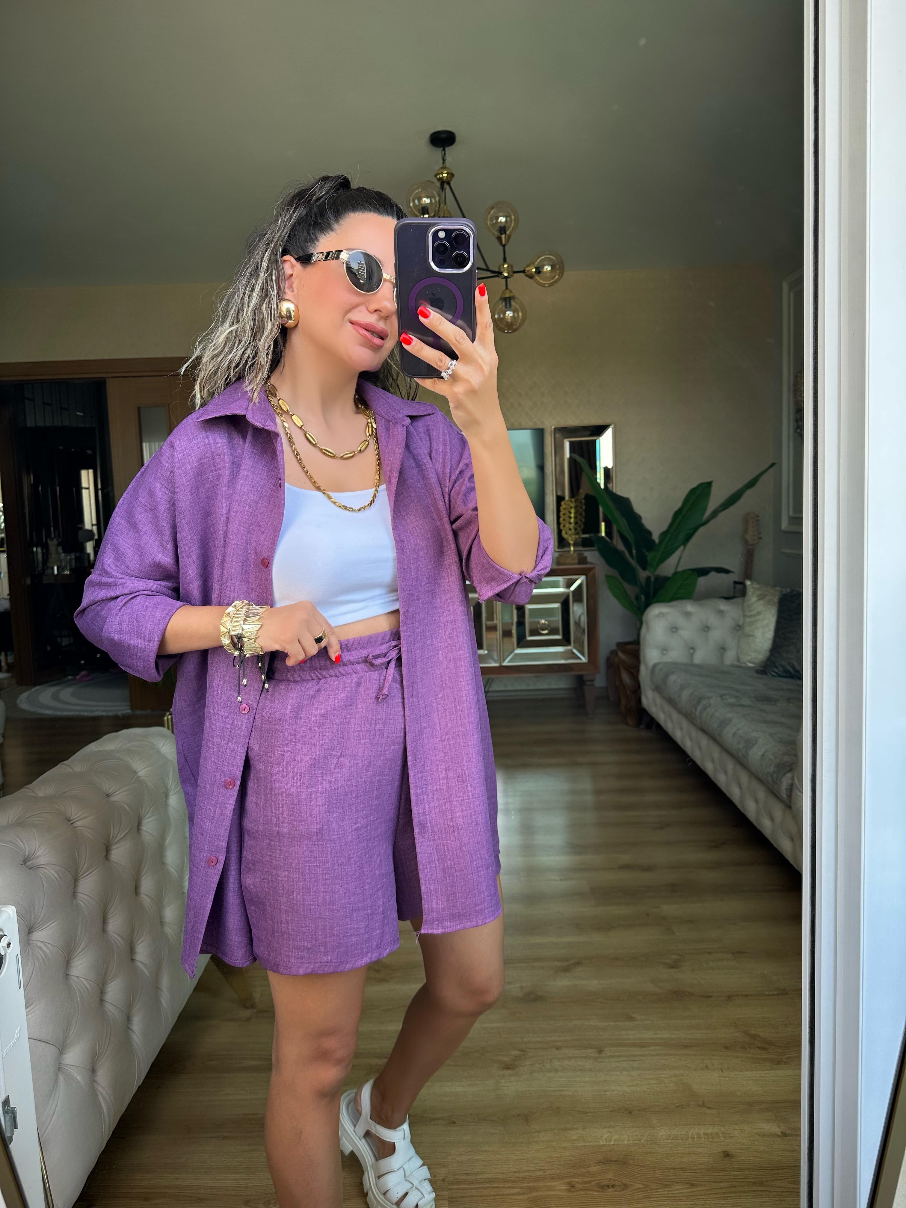 Mor Orj Marka Şort Gömlek Takım