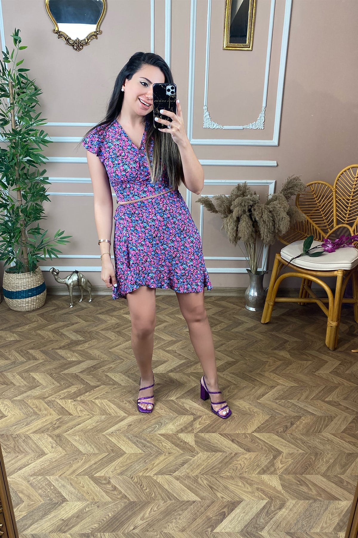 Mor Pembe Çiçek Desenli Etek Takım