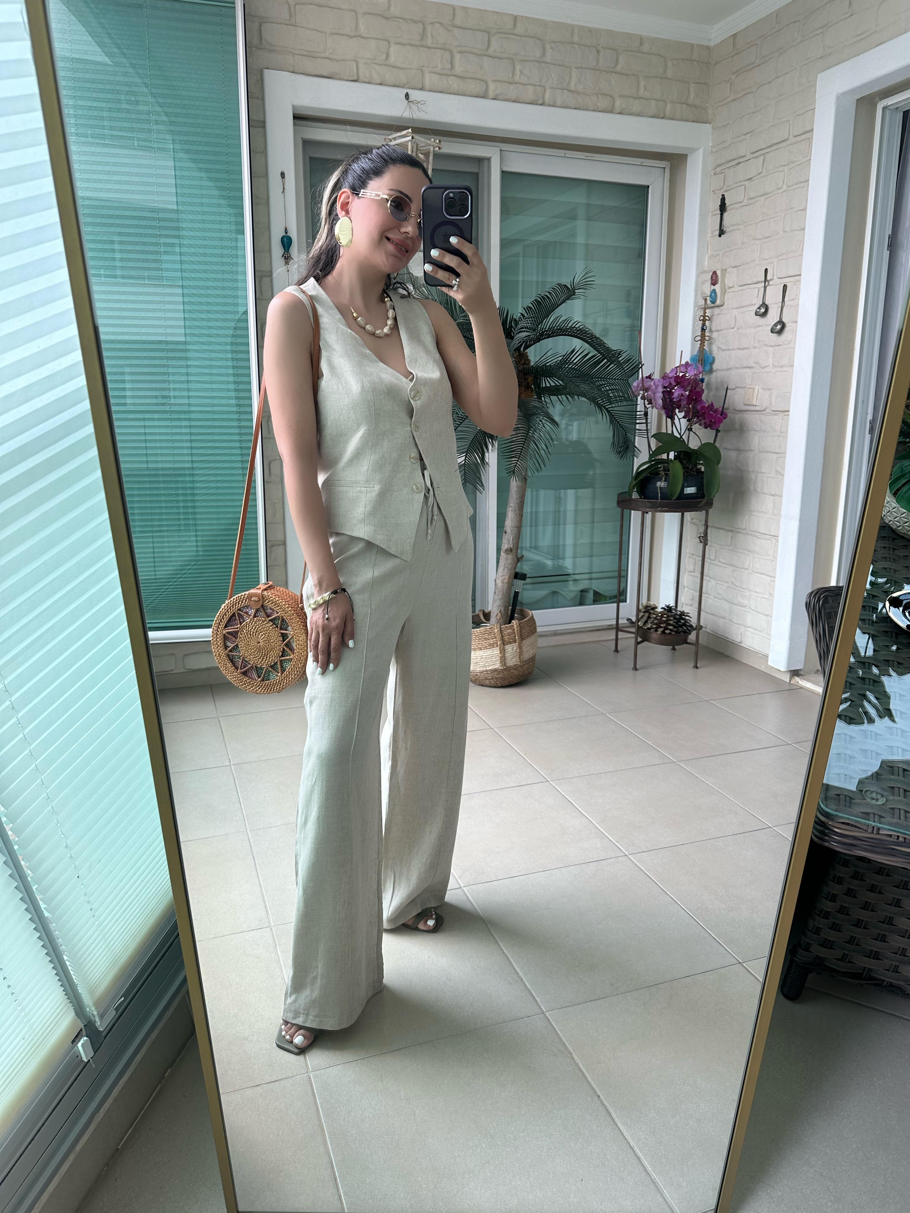 Natural Keten Yelek Pantolon Takım