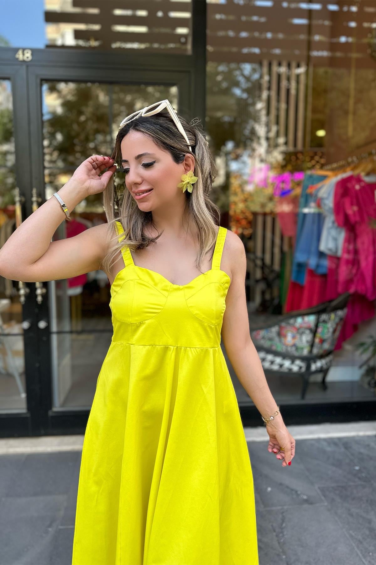 Neon Sarı Lastik Askılı Poplin Elbise