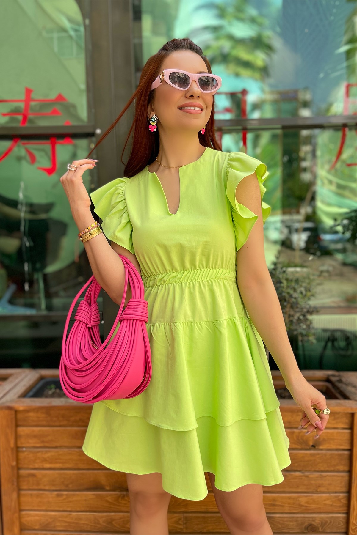 Neon Sarı Volanlı Poplin Elbise
