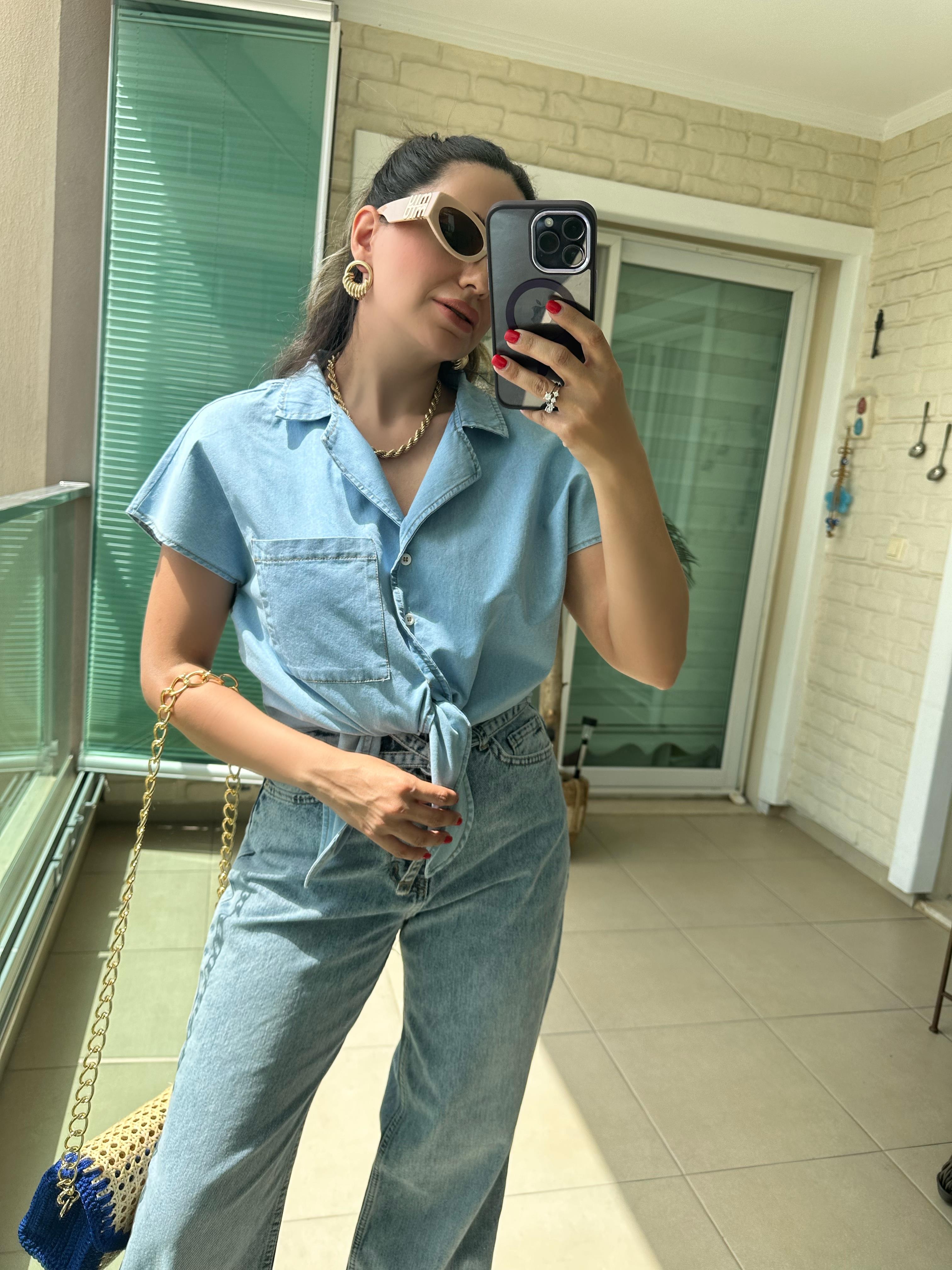 Önden Bağlamalı Kot Tensel Gömlek