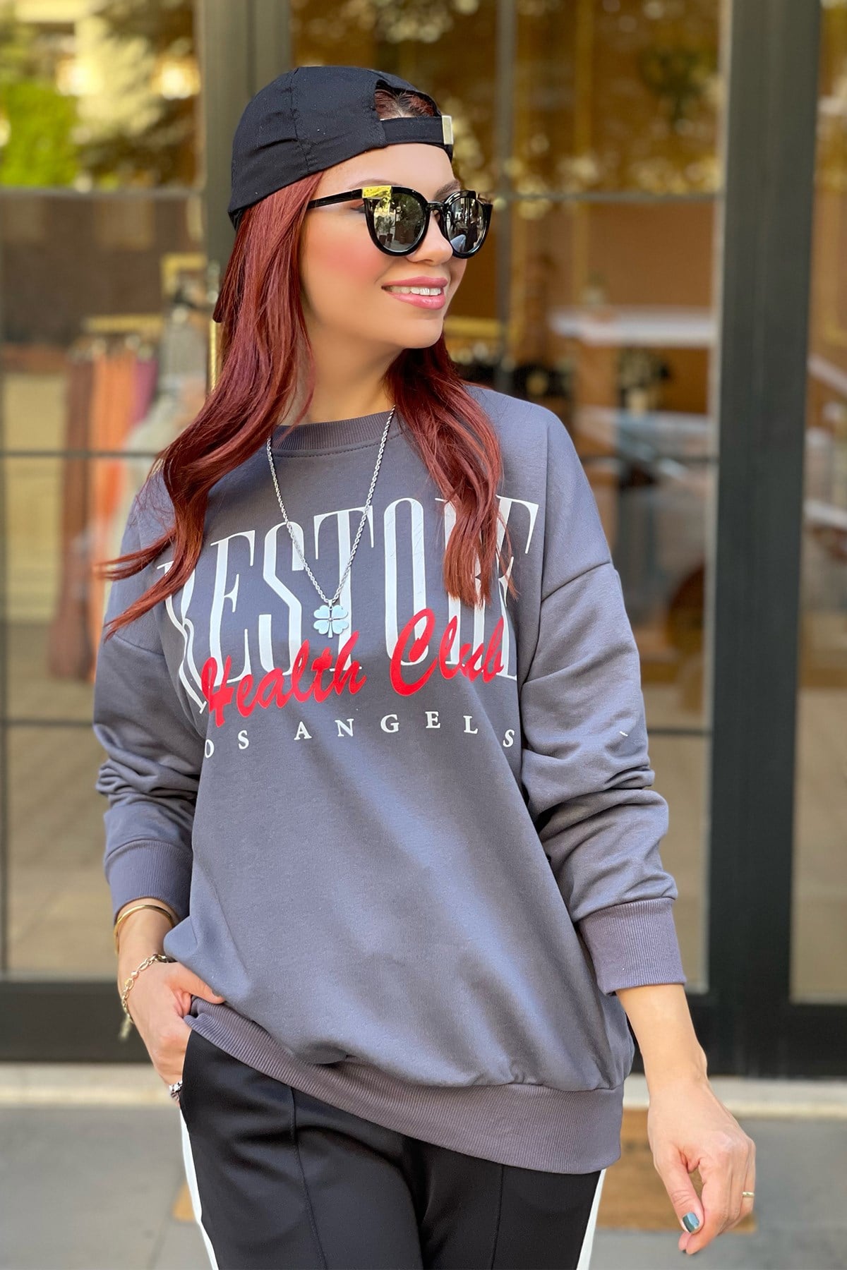 Önü Baskılı Antrasit Sweatshirt