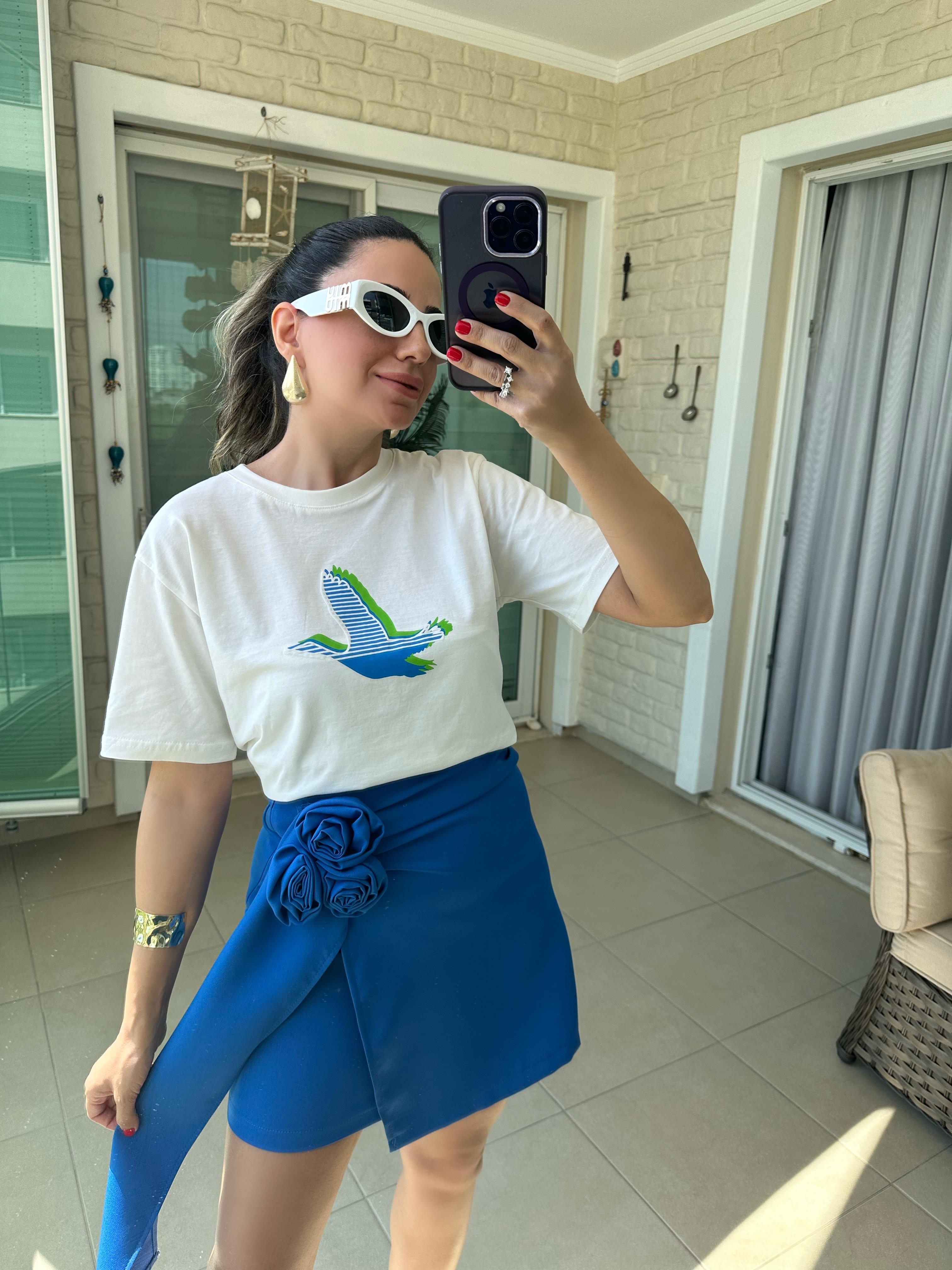 Orj Mavi Kuş Detaylı Tshirt