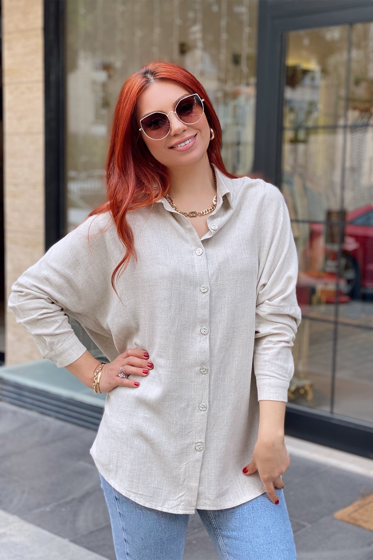 Oversize Bej Keten Gömlek