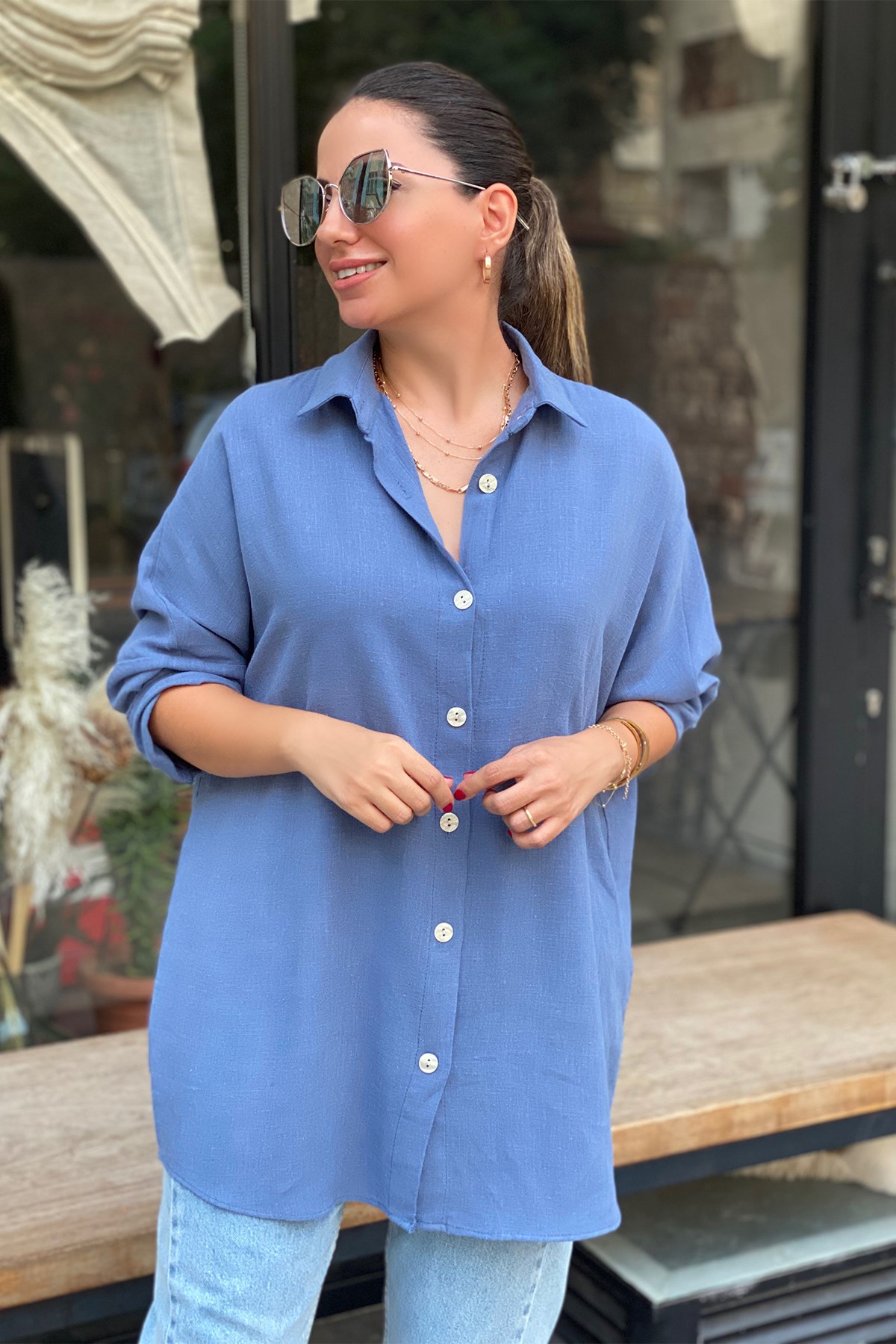 Oversize İndigo Mavi Keten Gömlek