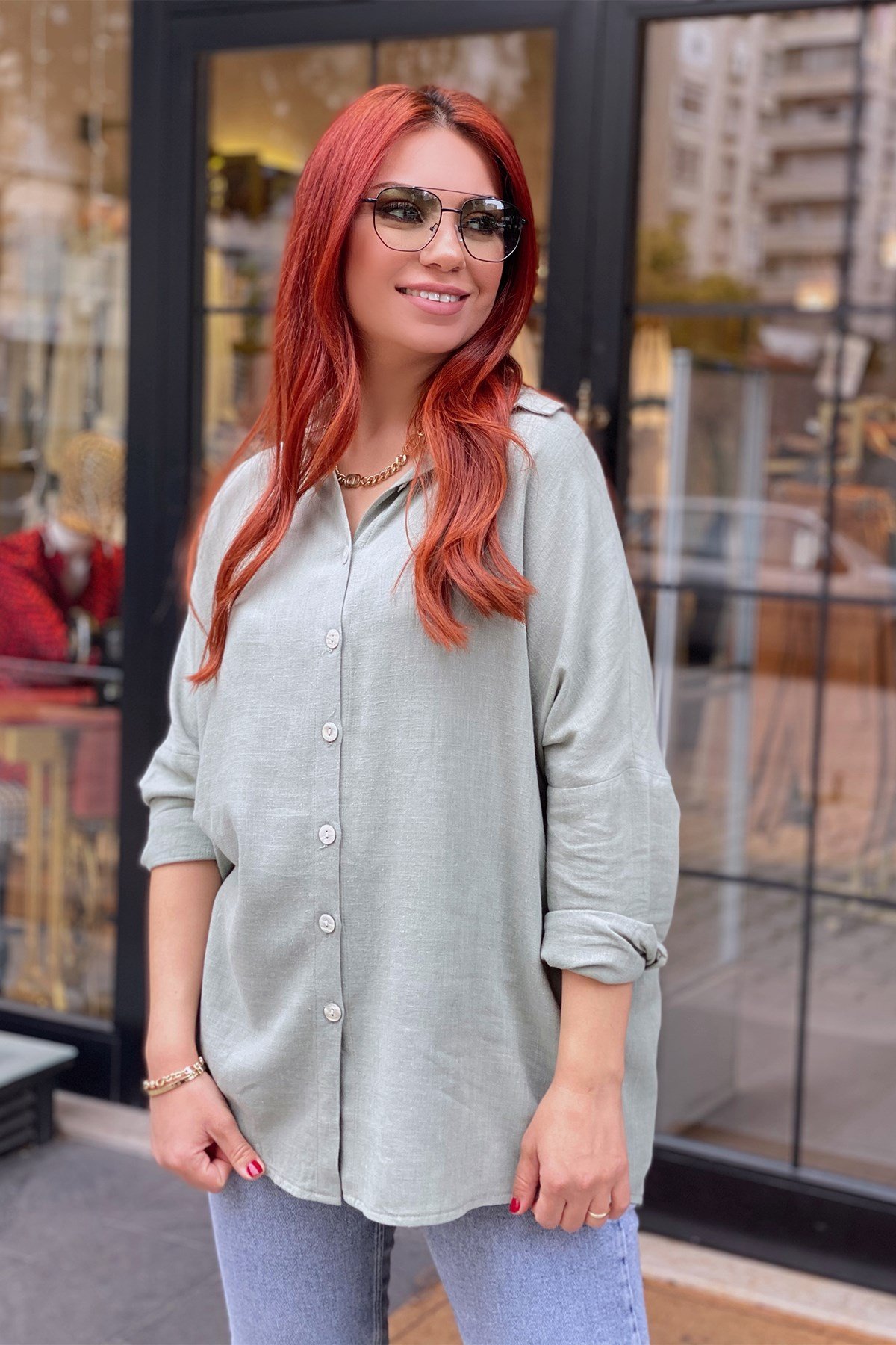 Oversize Yeşil Keten Gömlek