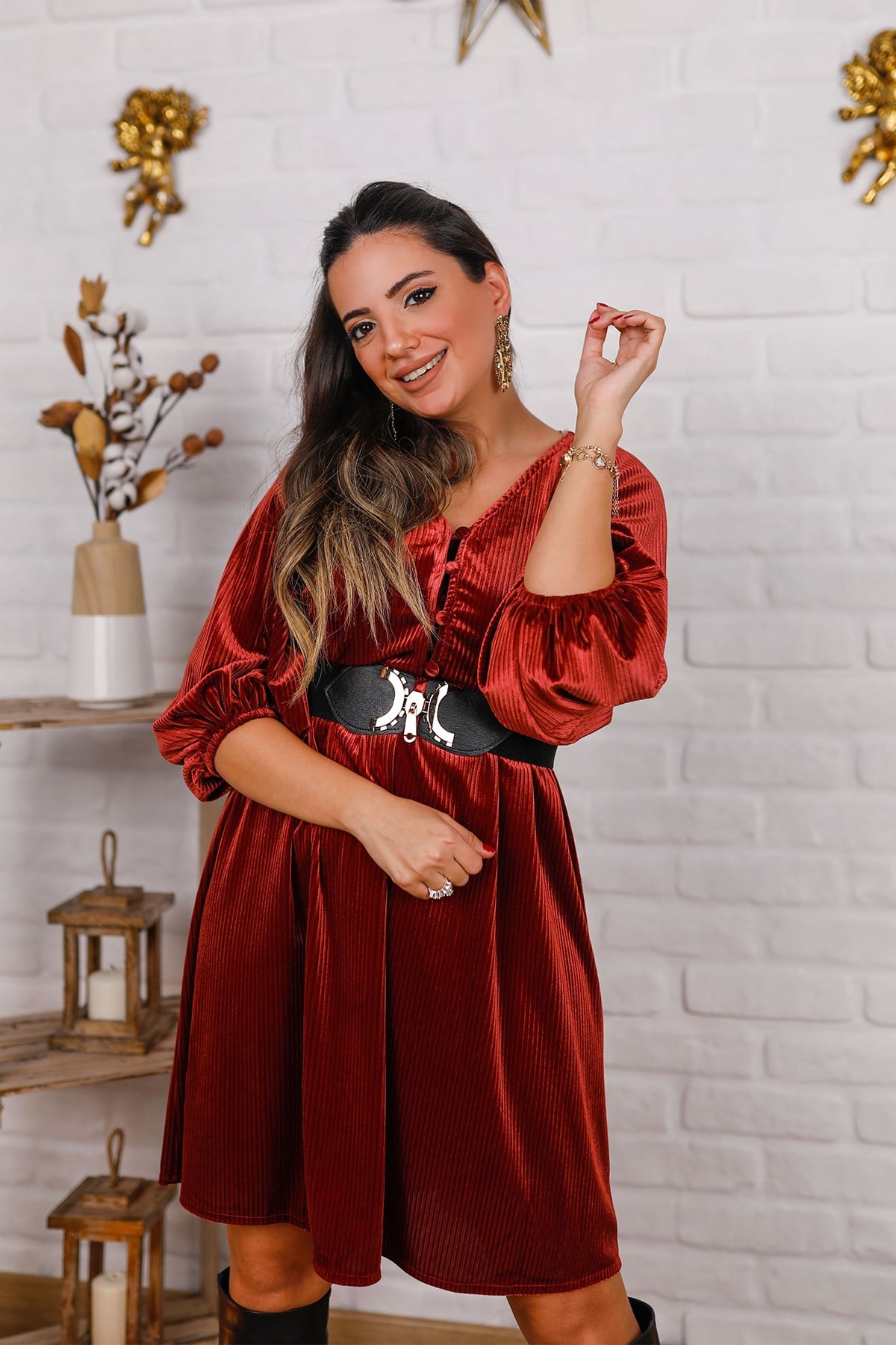 Parlak Bordo Parlak Fitilli Kadife Elbise