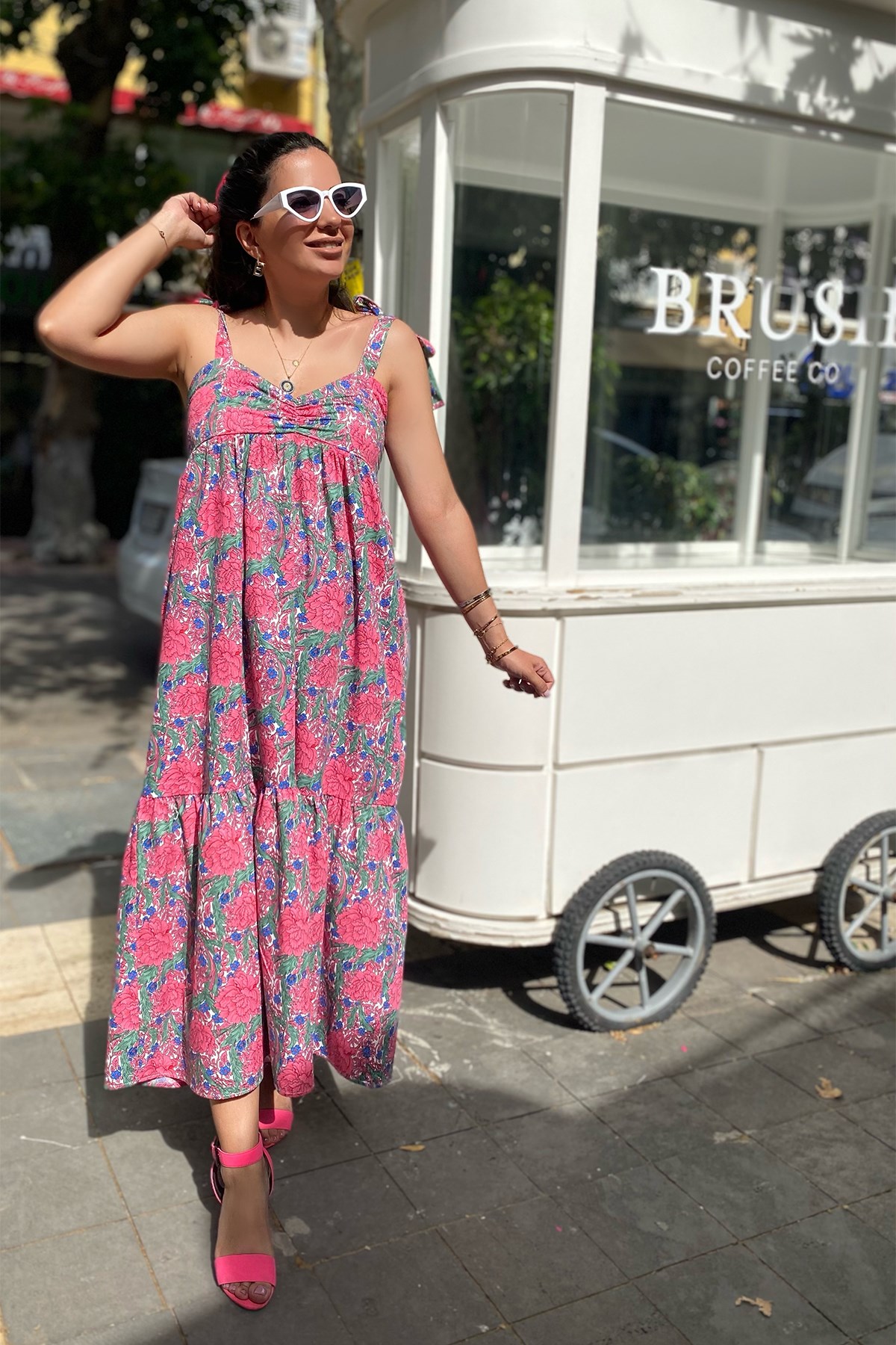 Pembe Bağlamalı Renkli Poplin Elbise