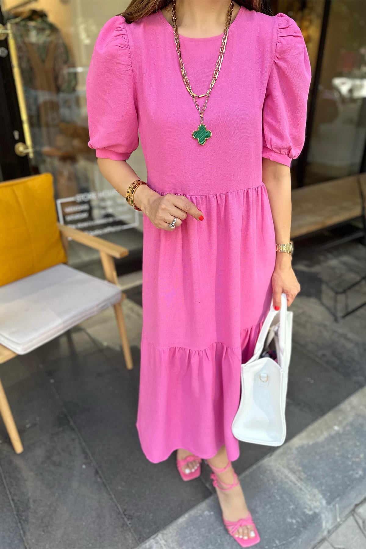 Pembe Balon Kol Keten Elbise