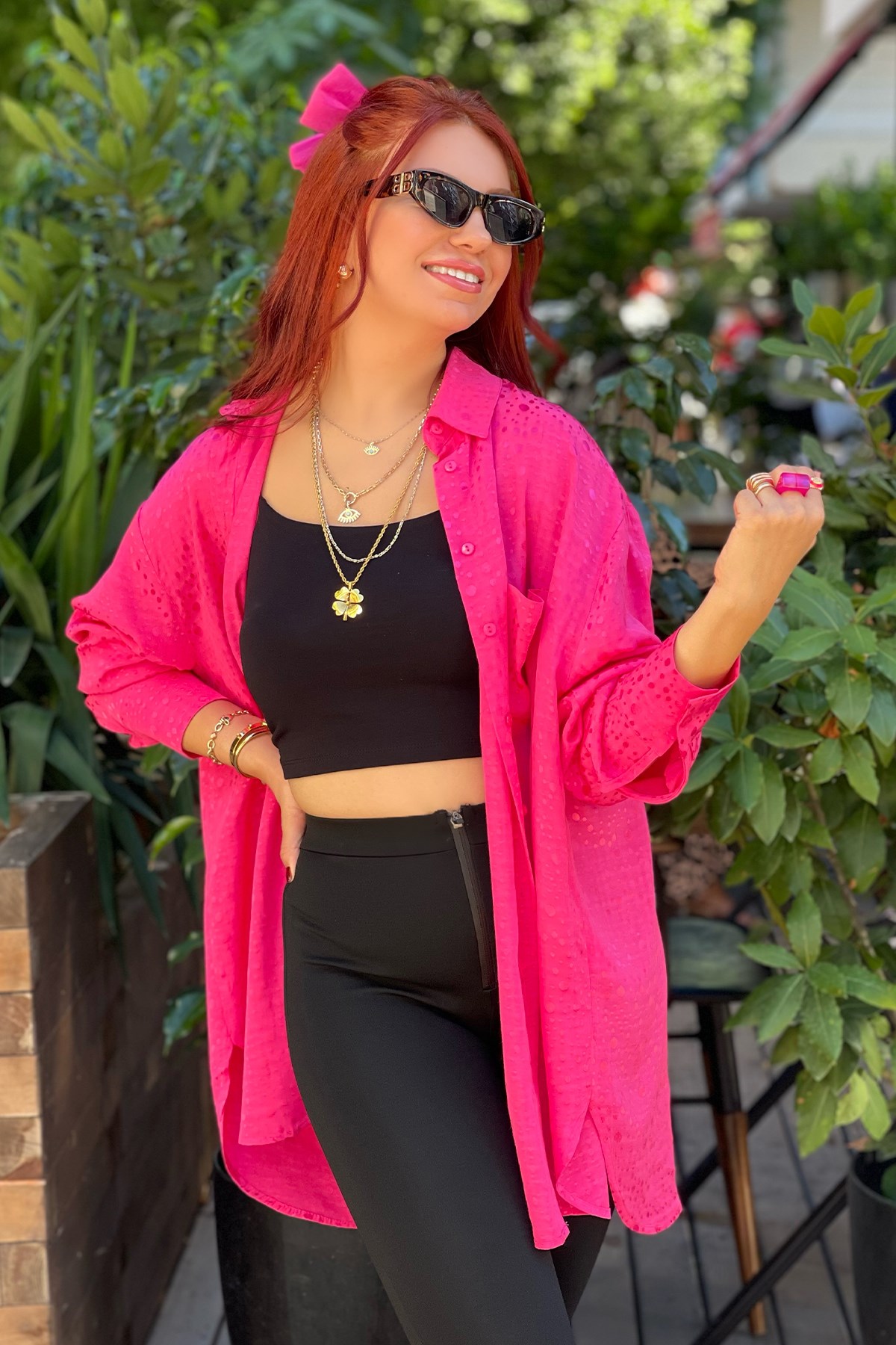Pembe Benekli Saten Gömlek
