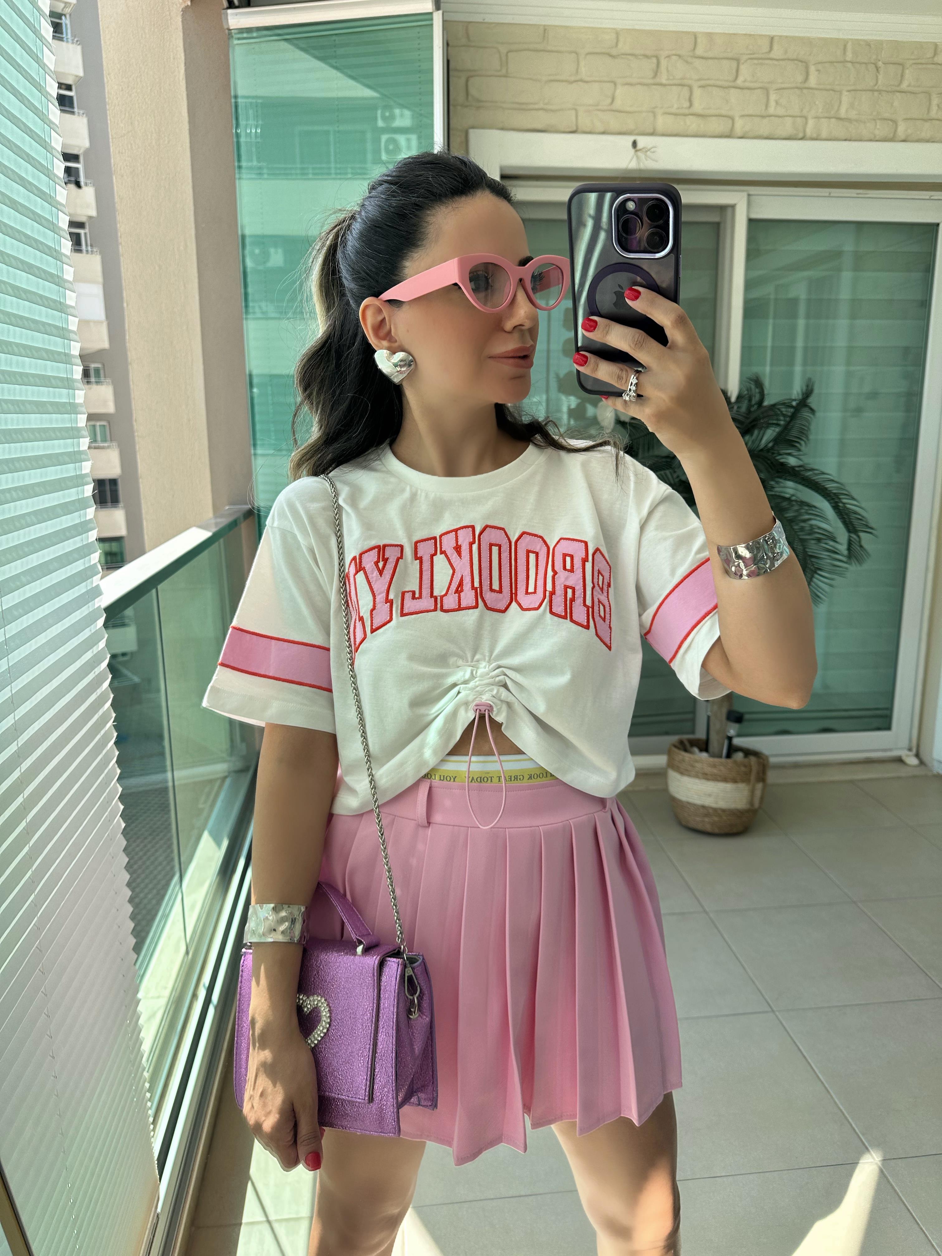 Pembe Brooklyn Baskılı Crop Tshirt