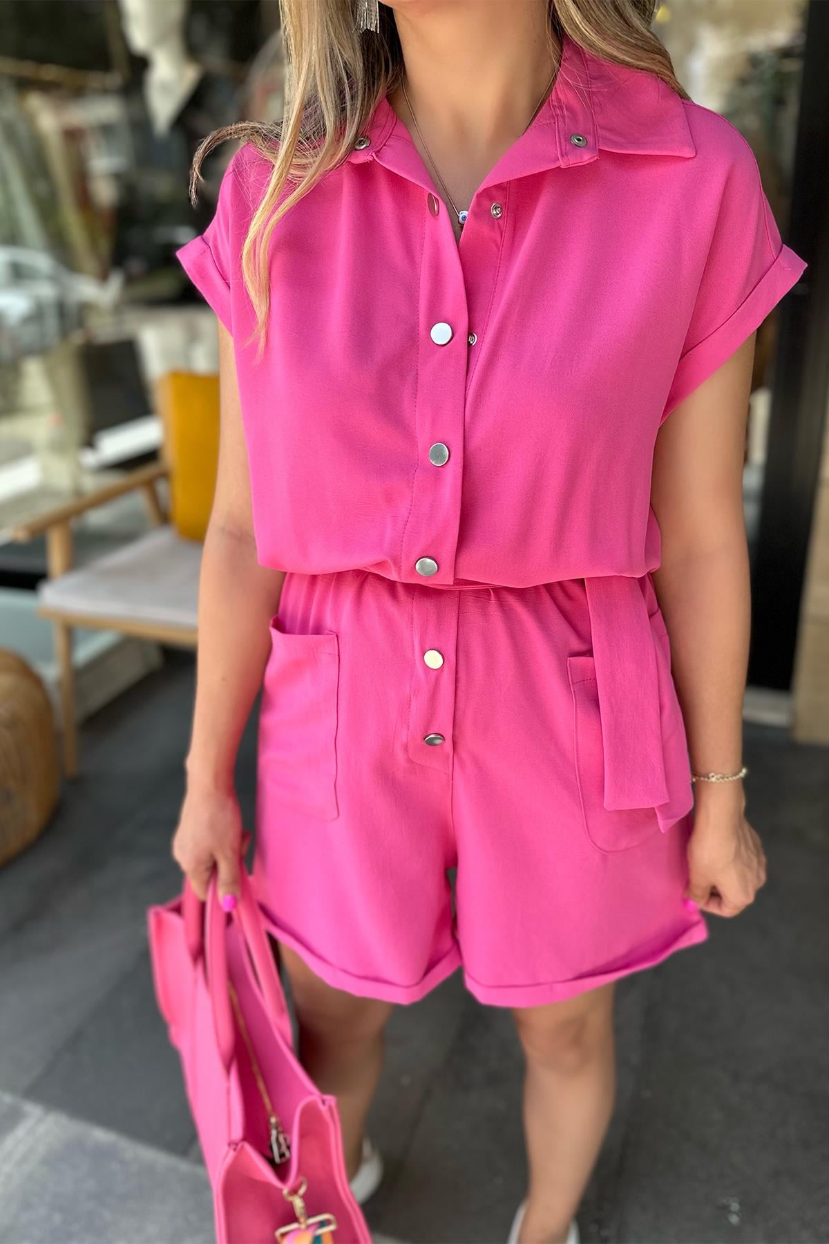 Pembe Çıtçıtlı Şort Tulum