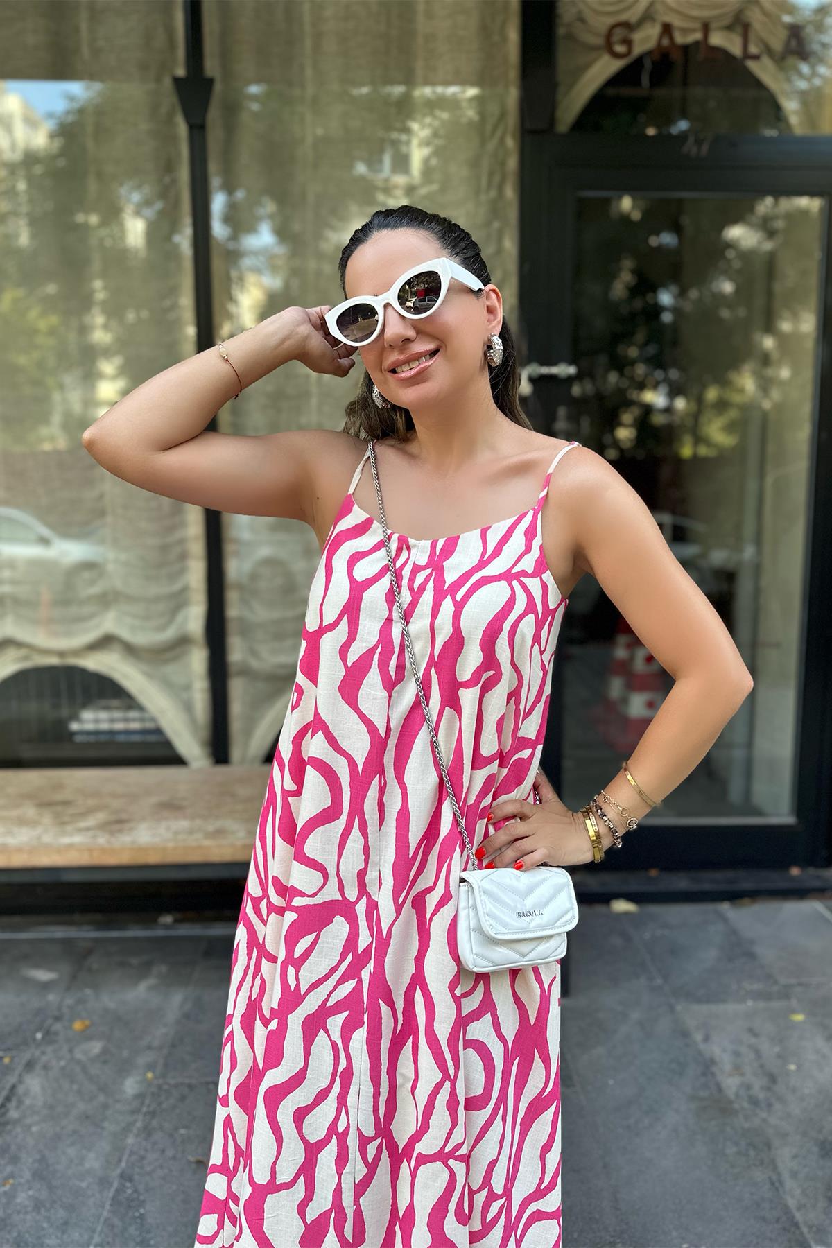 Pembe Desenli Astarlı Keten Elbise