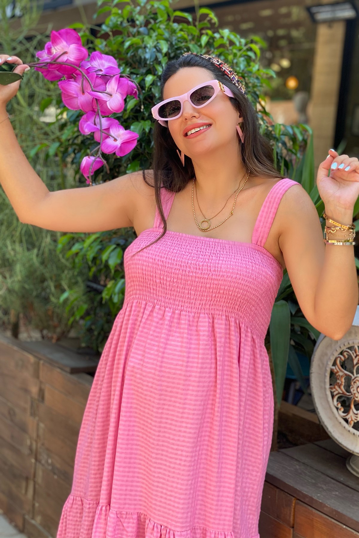 Pembe Gipeli Büzgülü Elbise
