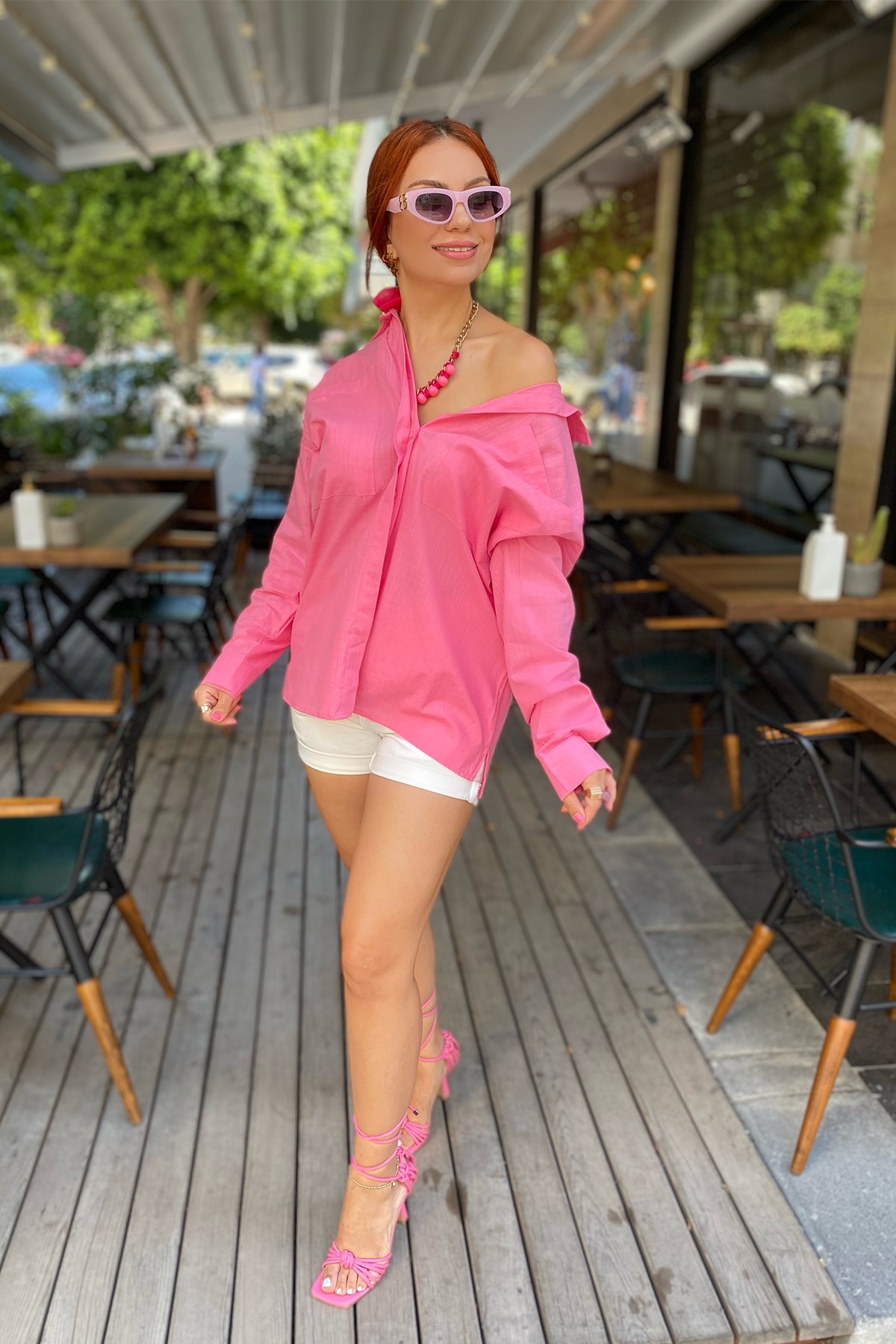 Pembe Keten Çift  Cep Detaylı Gömlek
