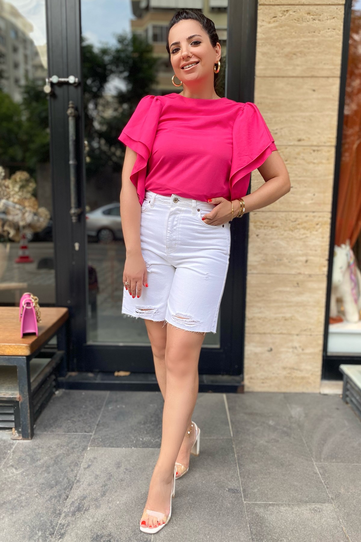 Pembe Kolları Volanlı Bluz 
