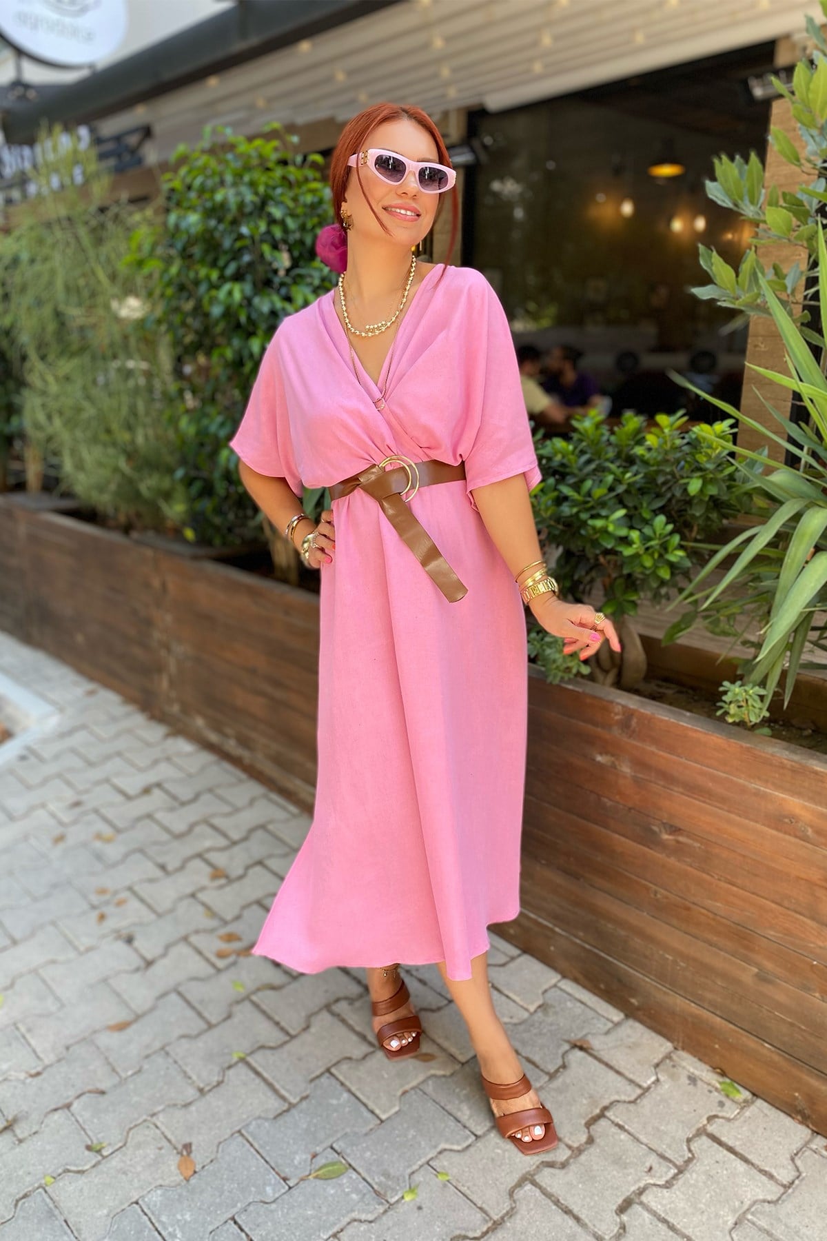 Pembe Kruvaze Kemerli Elbise