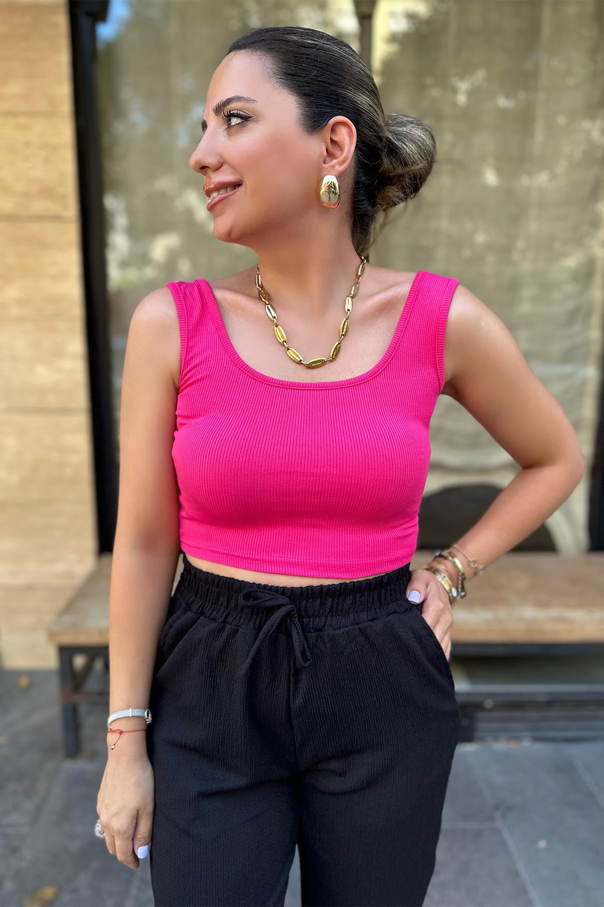 Pembe Likralı Crop Bluz