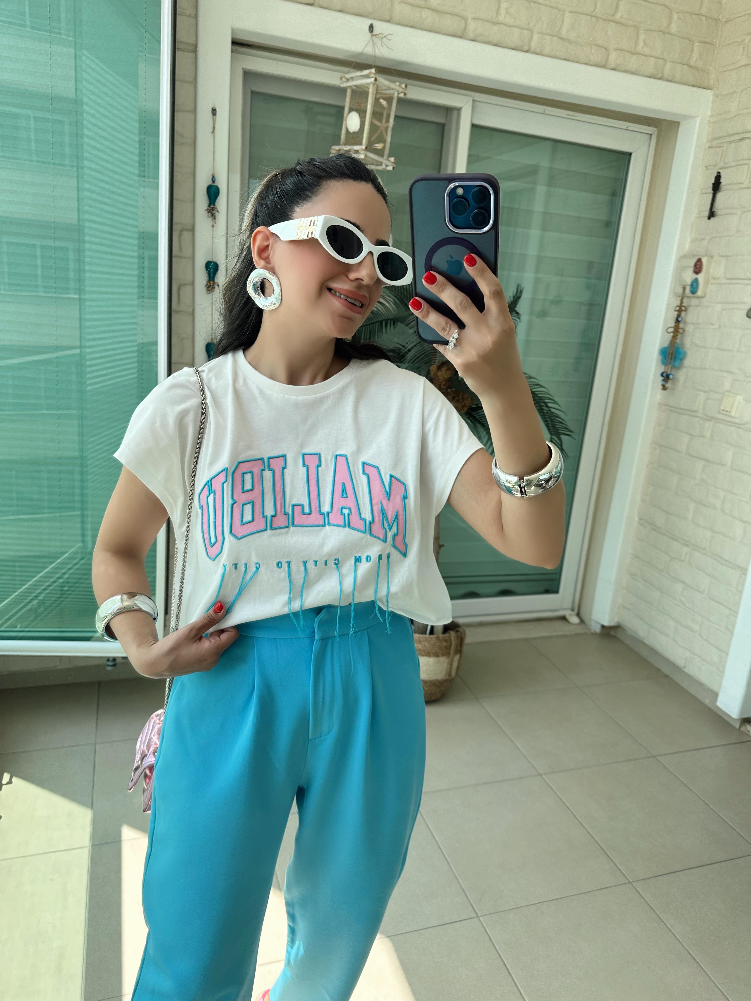 Pembe Malibu Baskılı Crop Tshirt