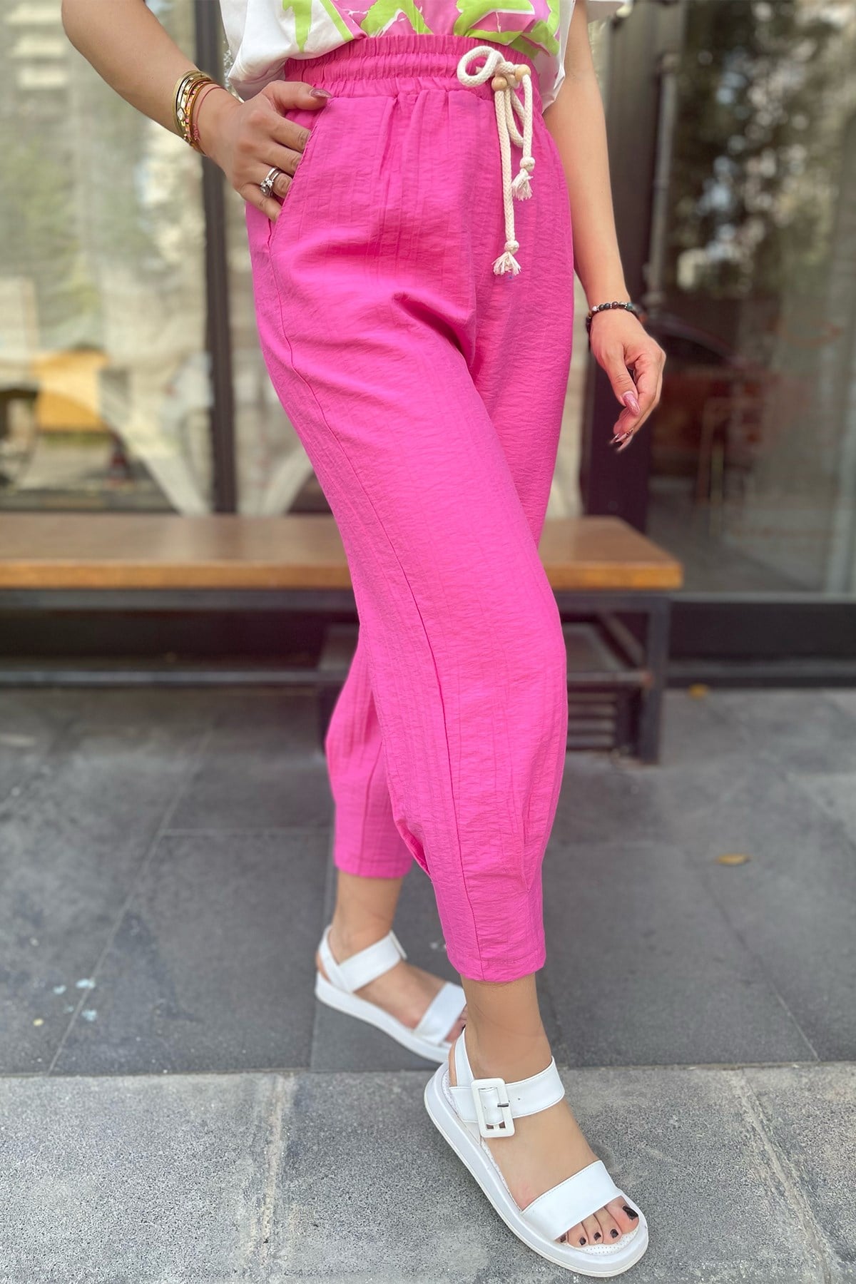Pembe Paça Büzgülü Keten Pantolon