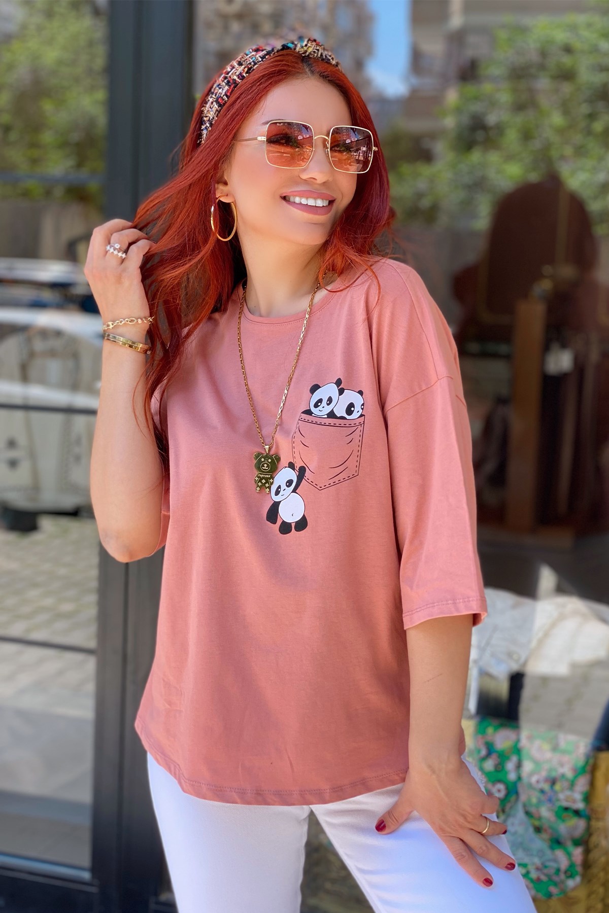 Pembe Panda Detaylı Tshirt