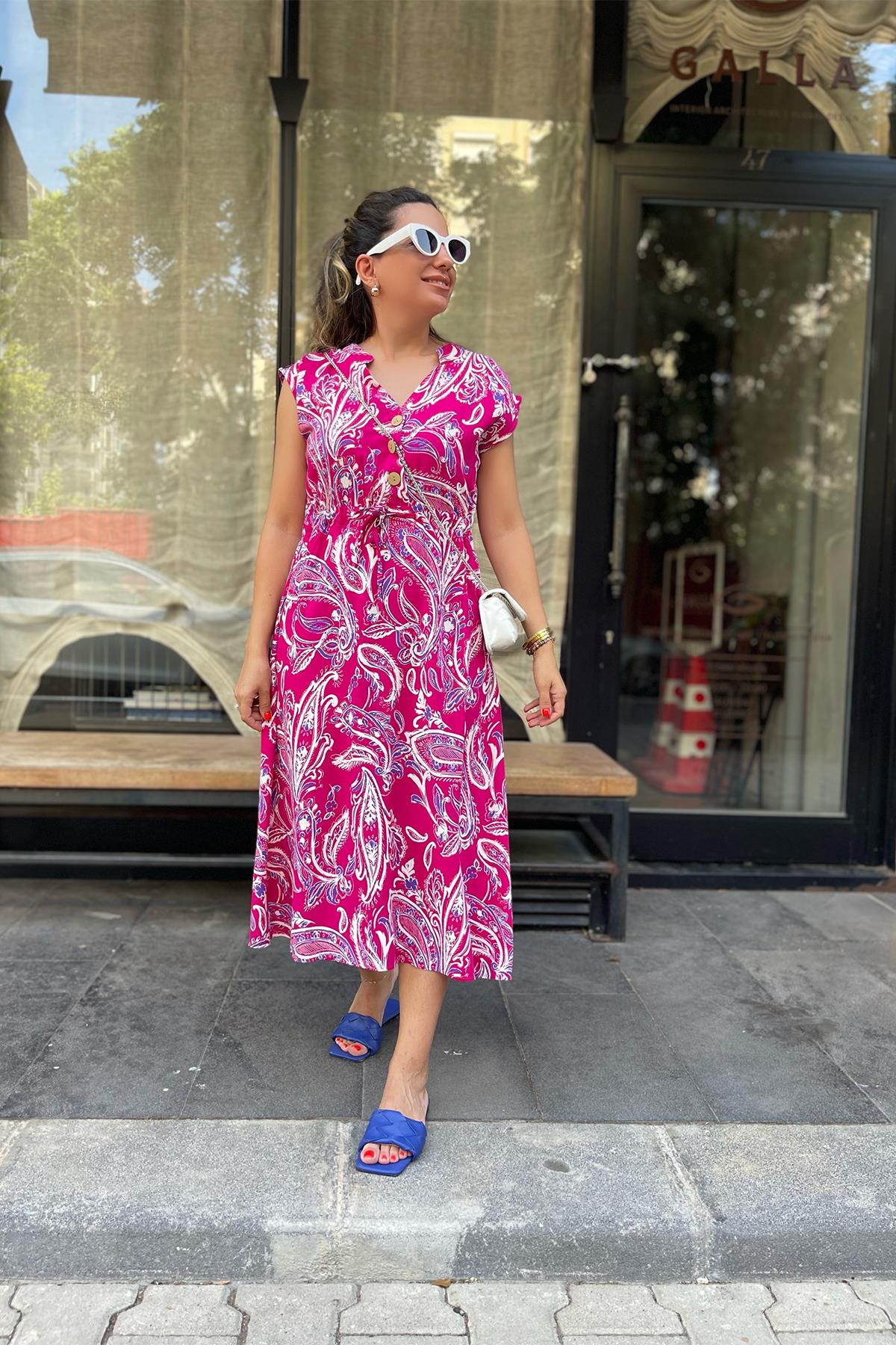 Pembe Şal Desen Önden Düğmeli Viskon Elbise