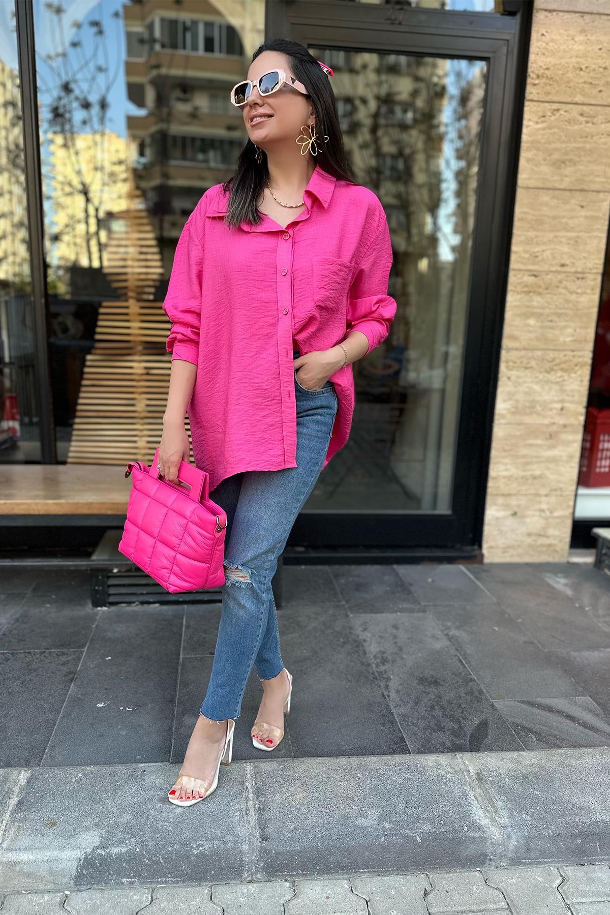 Pembe Tek Cepli Oversize Gömlek
