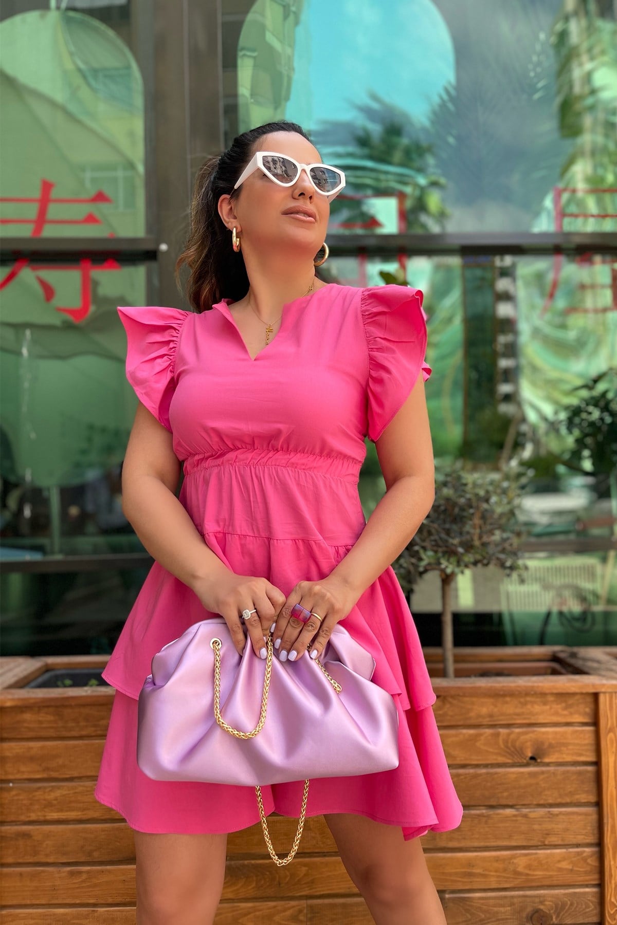 Pembe Volanlı Poplin Elbise