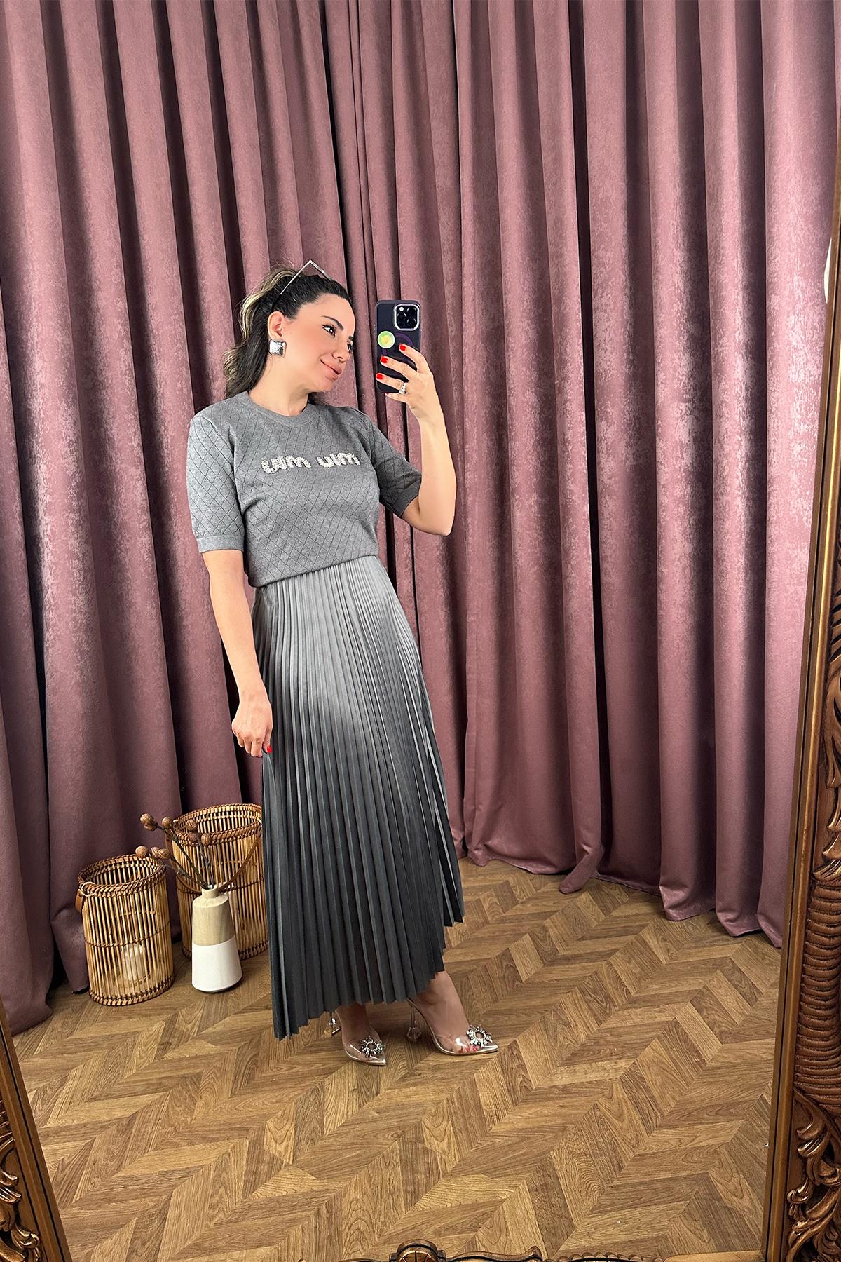 Pliseli Gri Maxi Etek